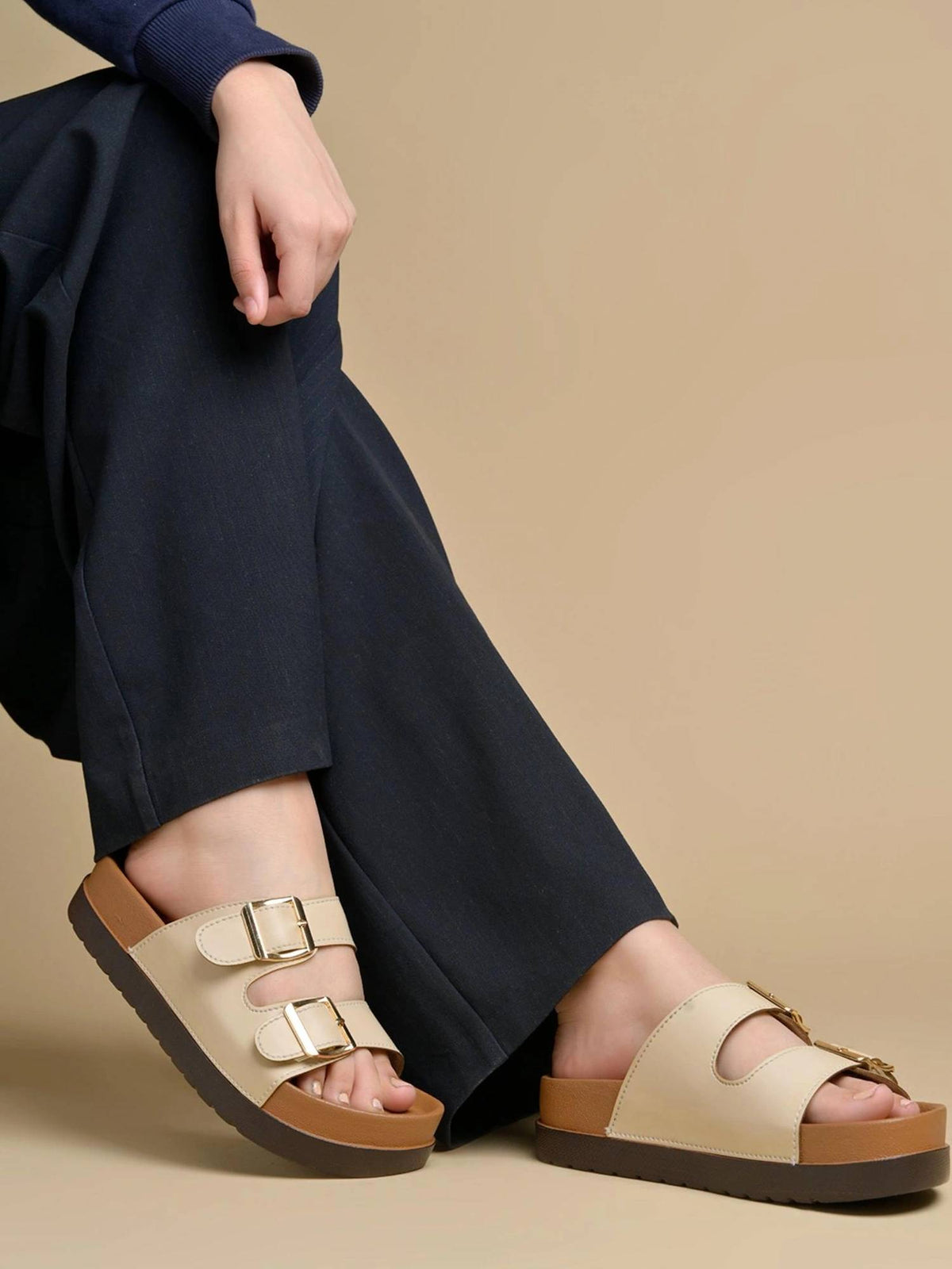 Women Cream Dual Buckle Comfort Sandals | SD89 - view 2