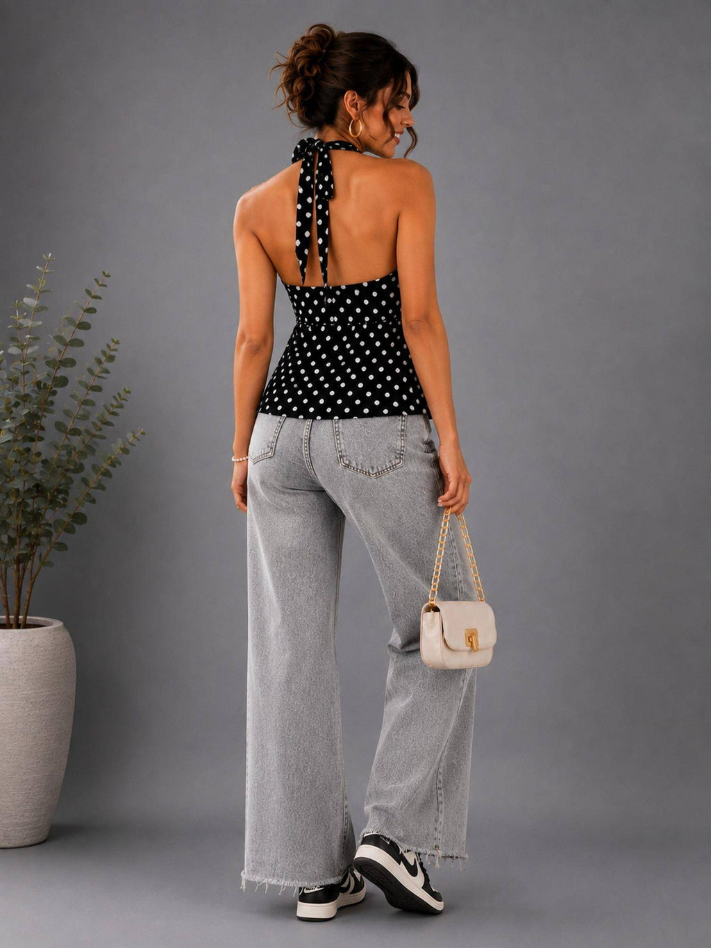 Black Polka Dot Polyester Halter Neck Top | HT67 - view 2