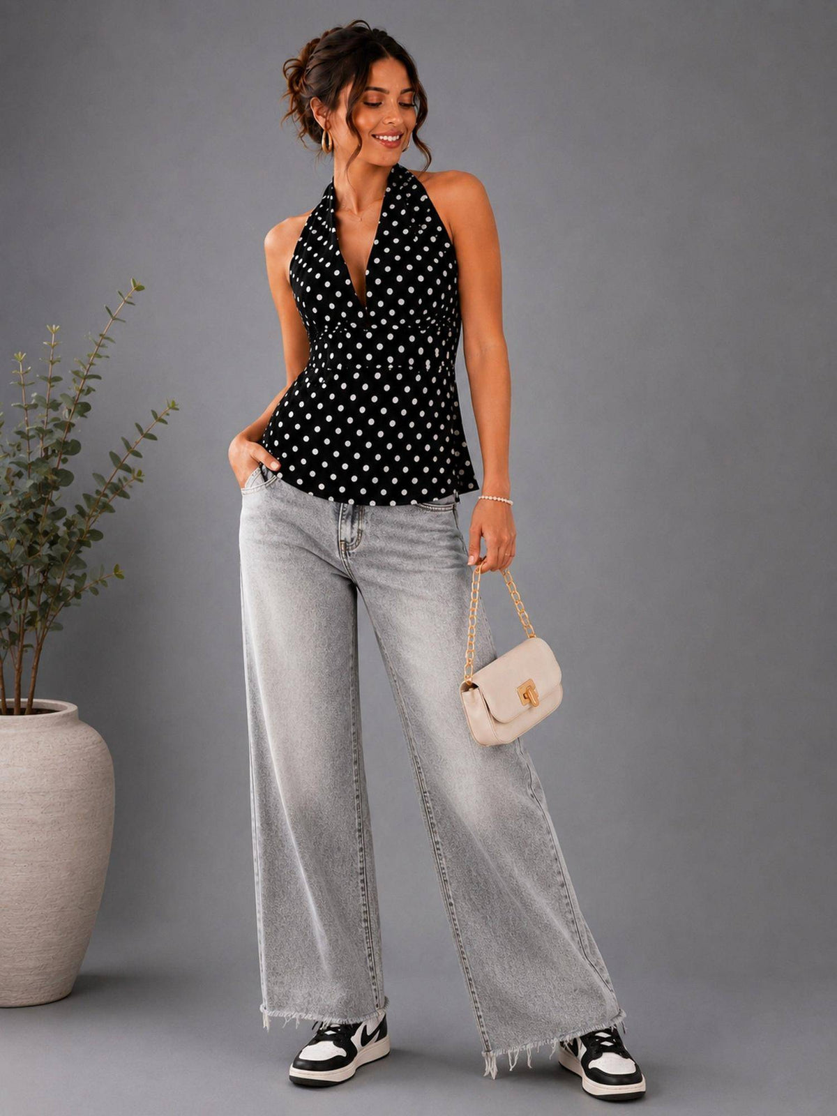 Black Polka Dot Polyester Halter Neck Top | HT67 - view 4