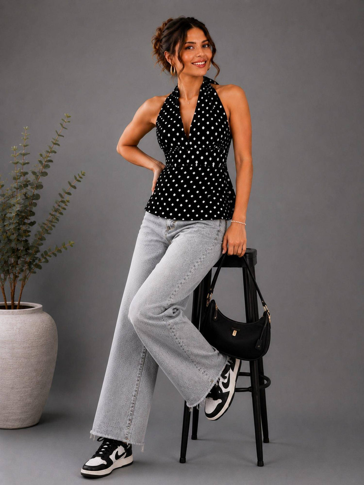 Black Polka Dot Polyester Halter Neck Top | HT67 - view 5