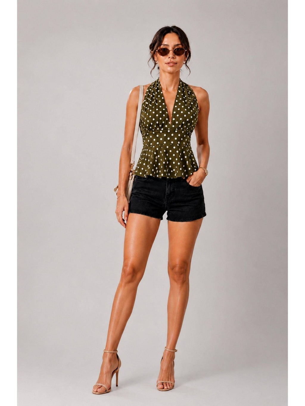 Olive Green Polka Dot Polyester Halter Top | HT67 - view 3