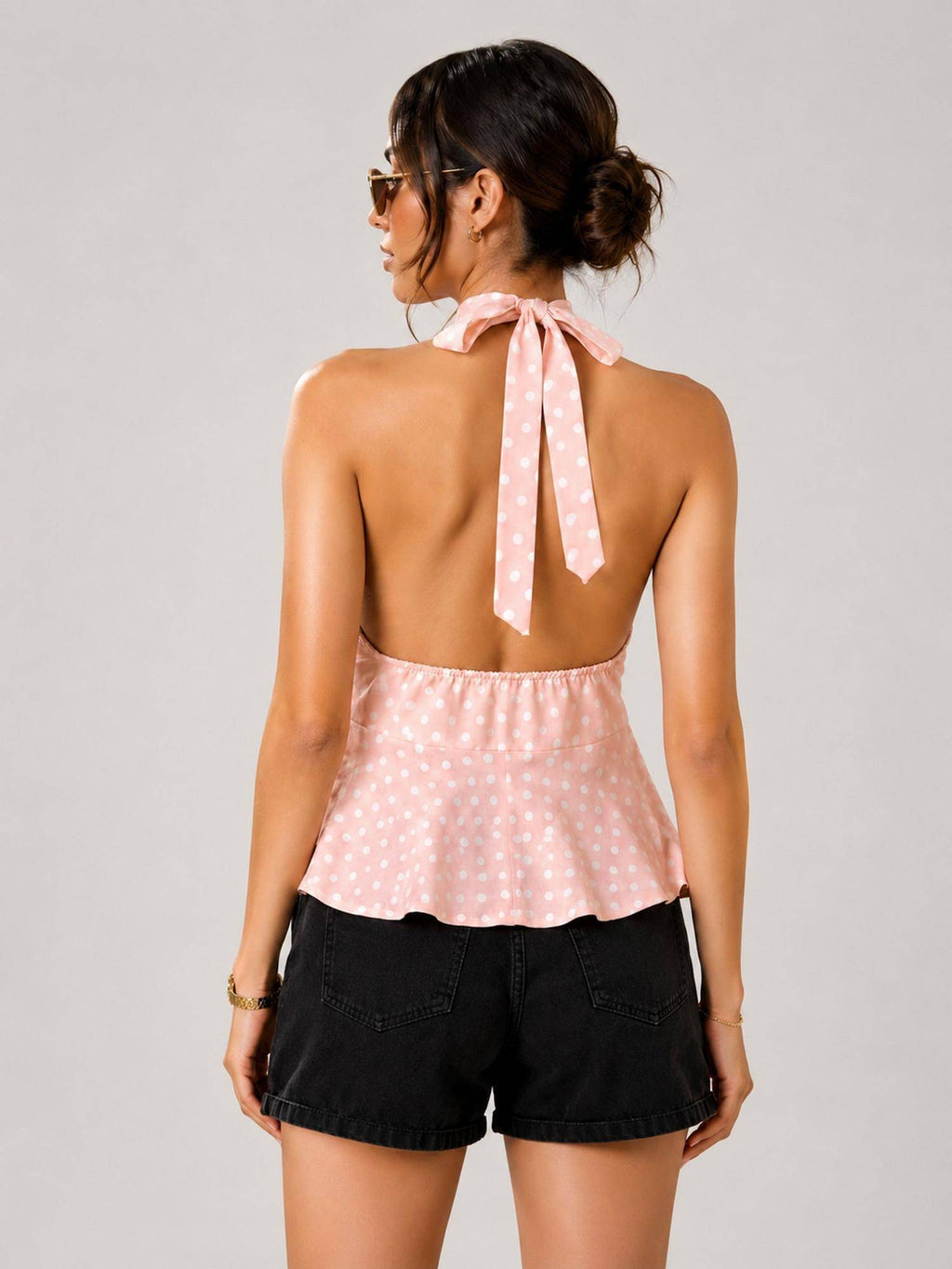 Black Polka Dot Polyester Halter Neck Top | HT67 - view 26