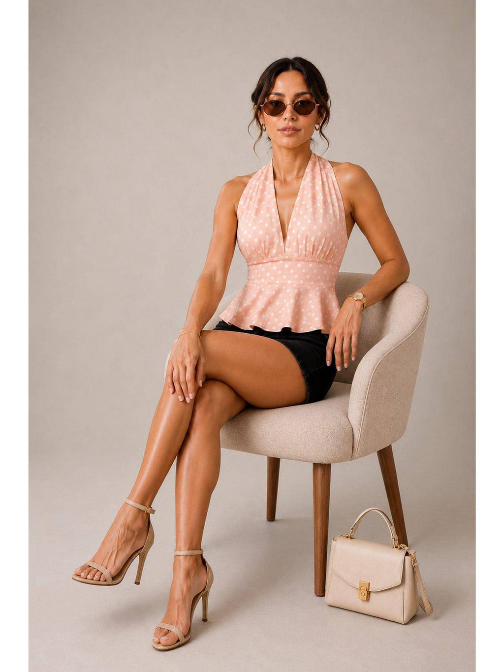 Peach Polka Dot Polyester Halter Top | HT67 - view 4