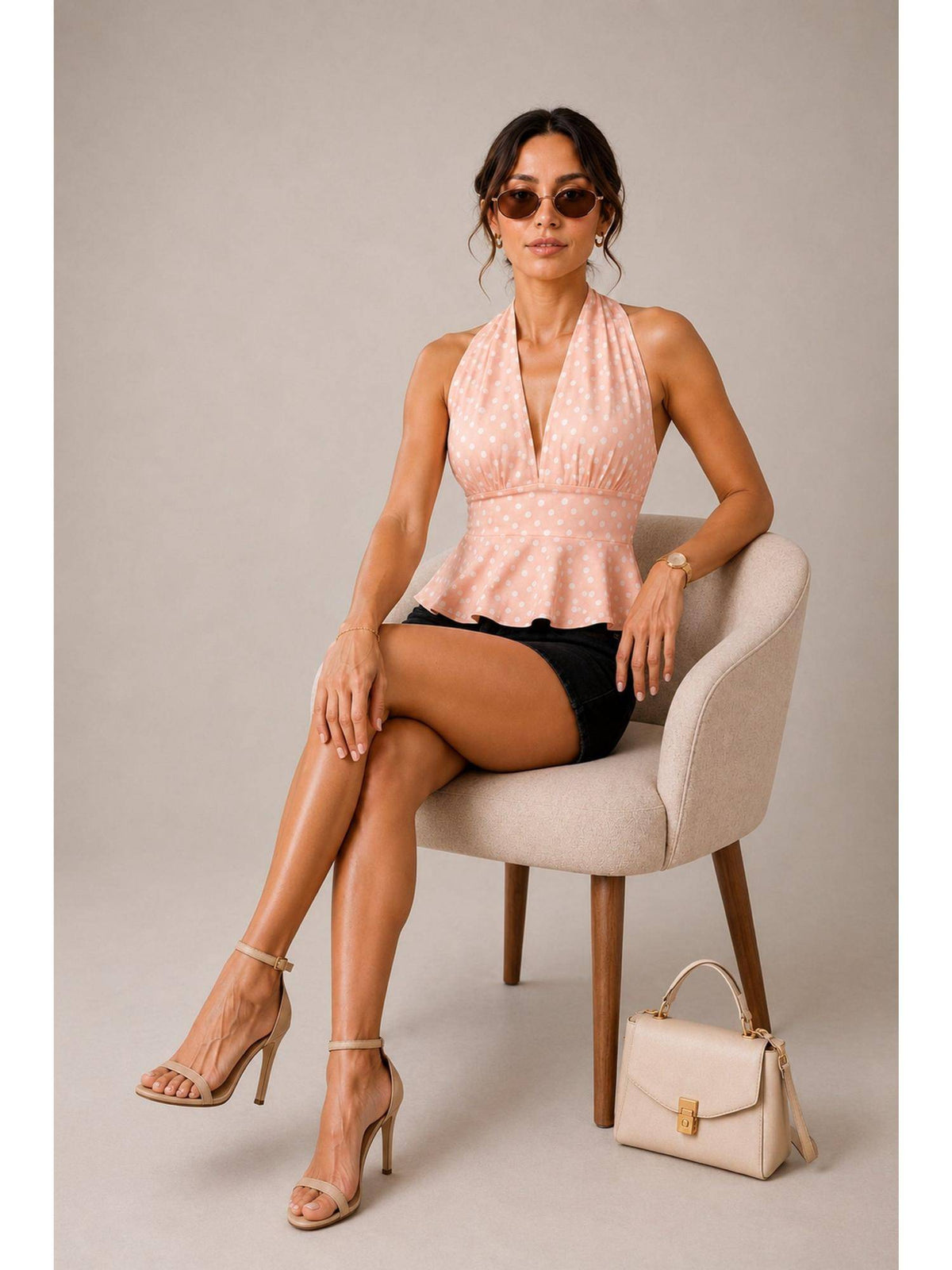 Peach Polka Dot Polyester Halter Top | HT67 - view 4