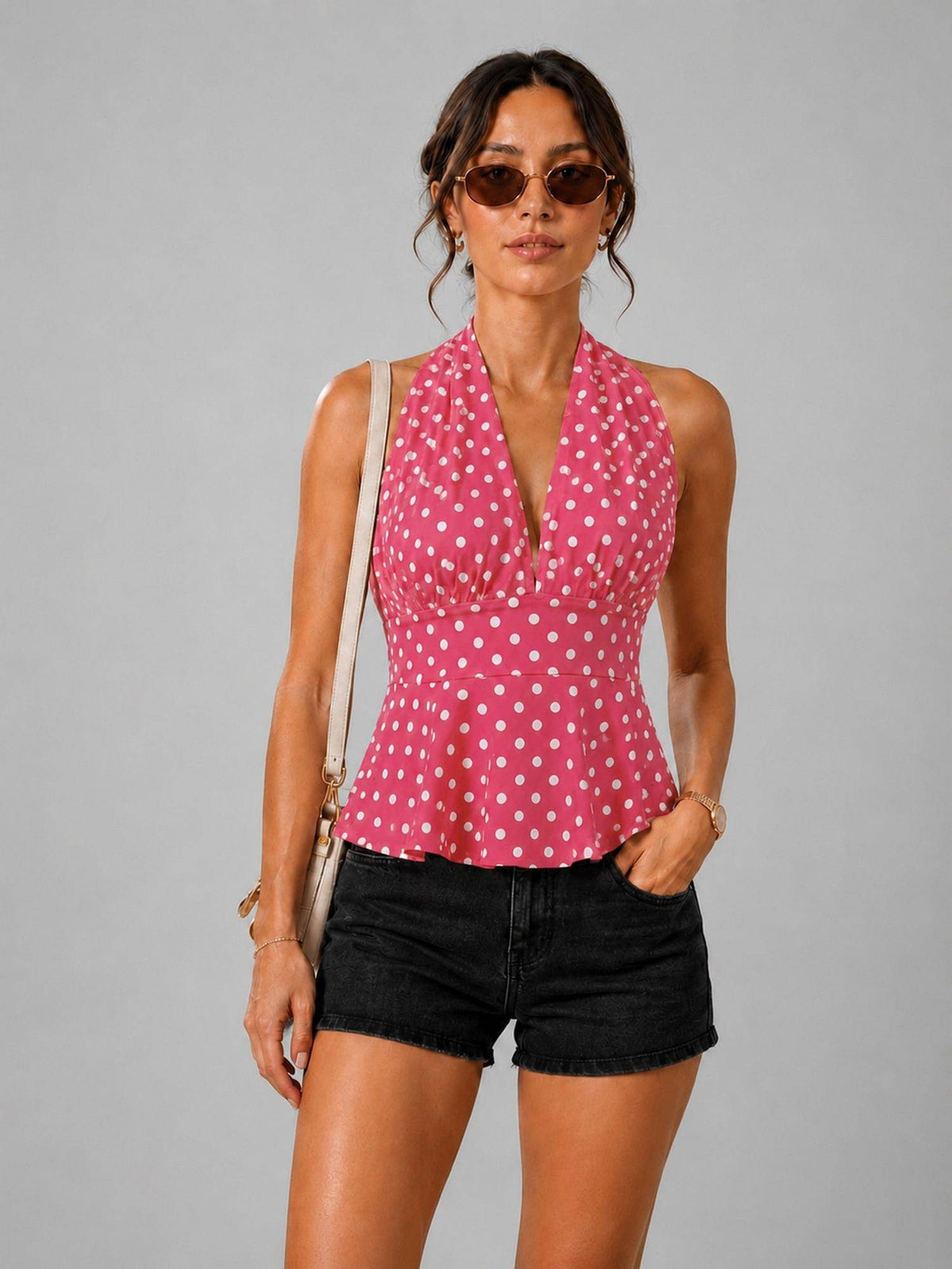 Pink Polka Dot Polyester Halter Top | HT67 - view 1