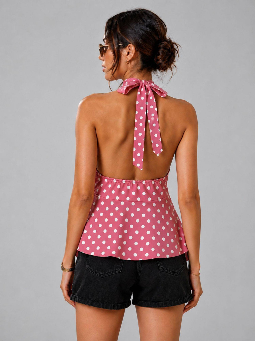 Black Polka Dot Polyester Halter Neck Top | HT67 - view 7