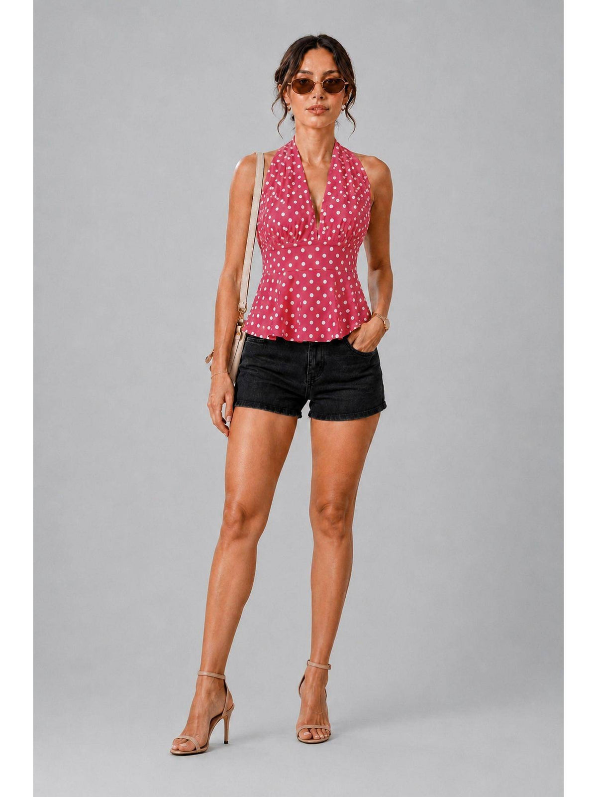 Pink Polka Dot Polyester Halter Top | HT67 - view 4
