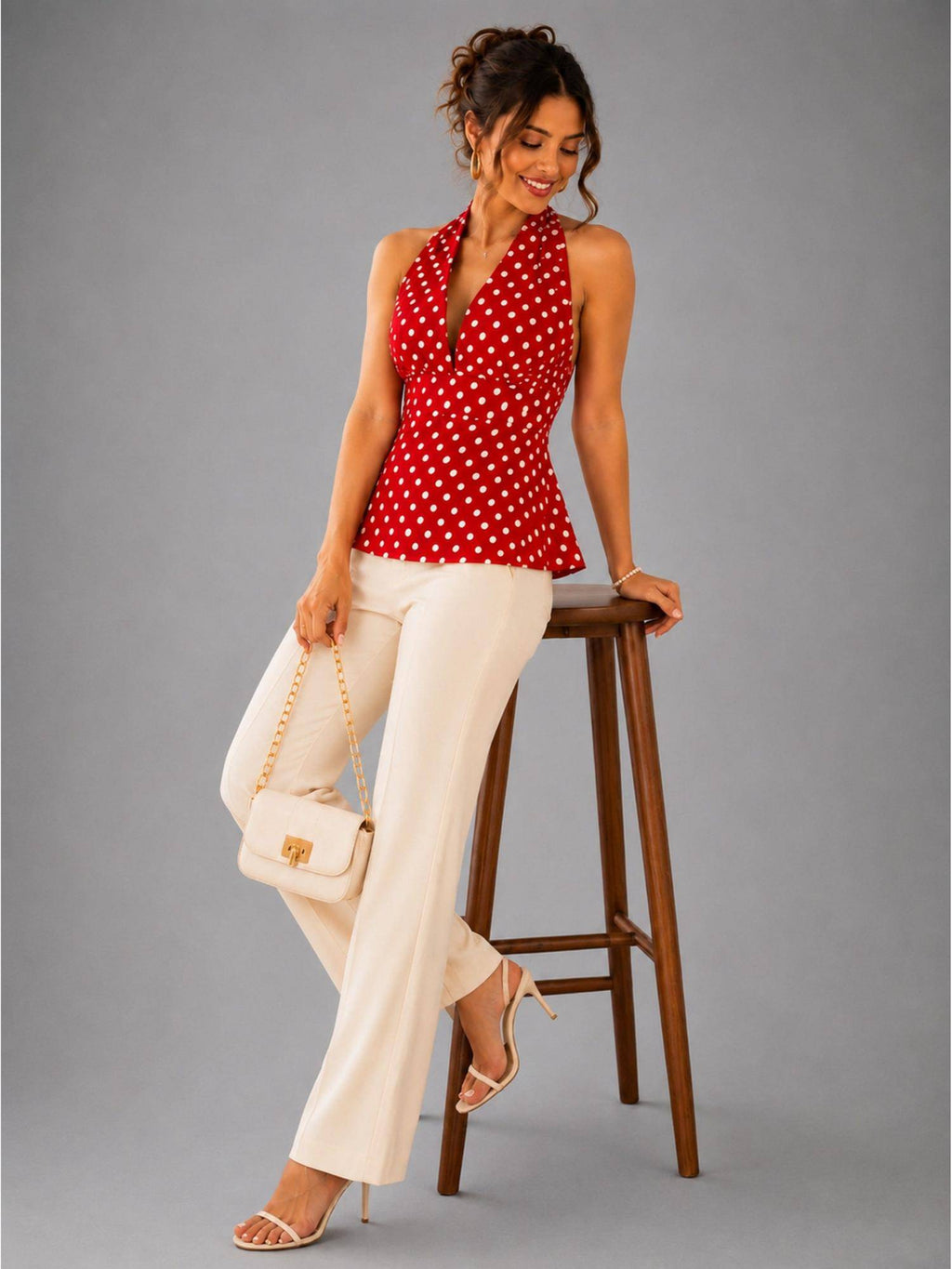 Red Polka Dot Polyester Halter Top with Peplum Hem | HT67 - view 3