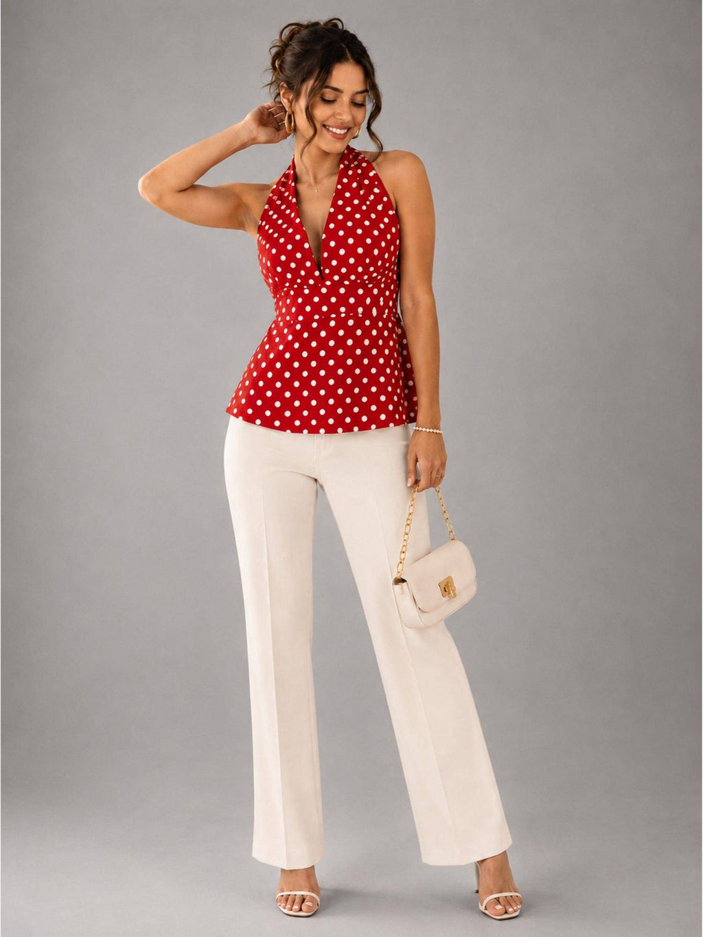 Black Polka Dot Polyester Halter Neck Top | HT67 - view 15