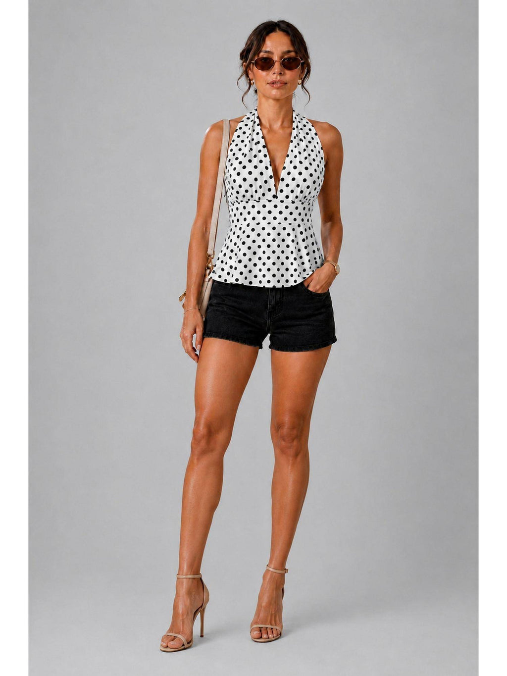 White Polka Dot Polyester Halter Neck Top | HT67 - view 4