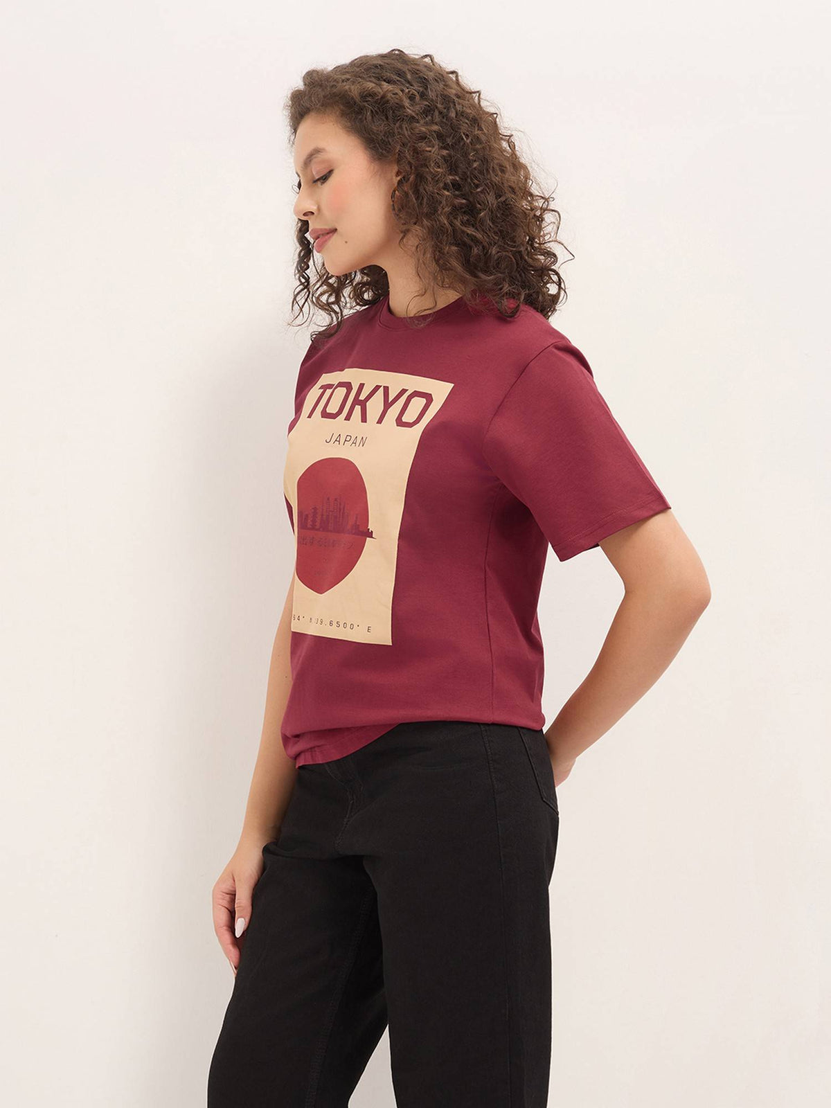 Maroon Women Relaxed Half Sleeves Typography Print T-Shirt | TS56 - view 3