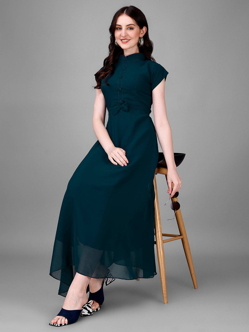 Women Teal Georgette Solid Flared Dress | D56 - view 1