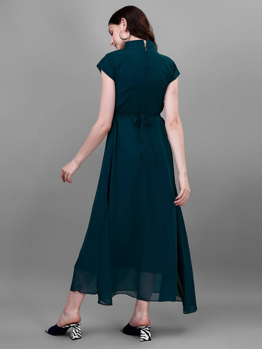 Women Teal Georgette Solid Flared Dress | D56 - view 2