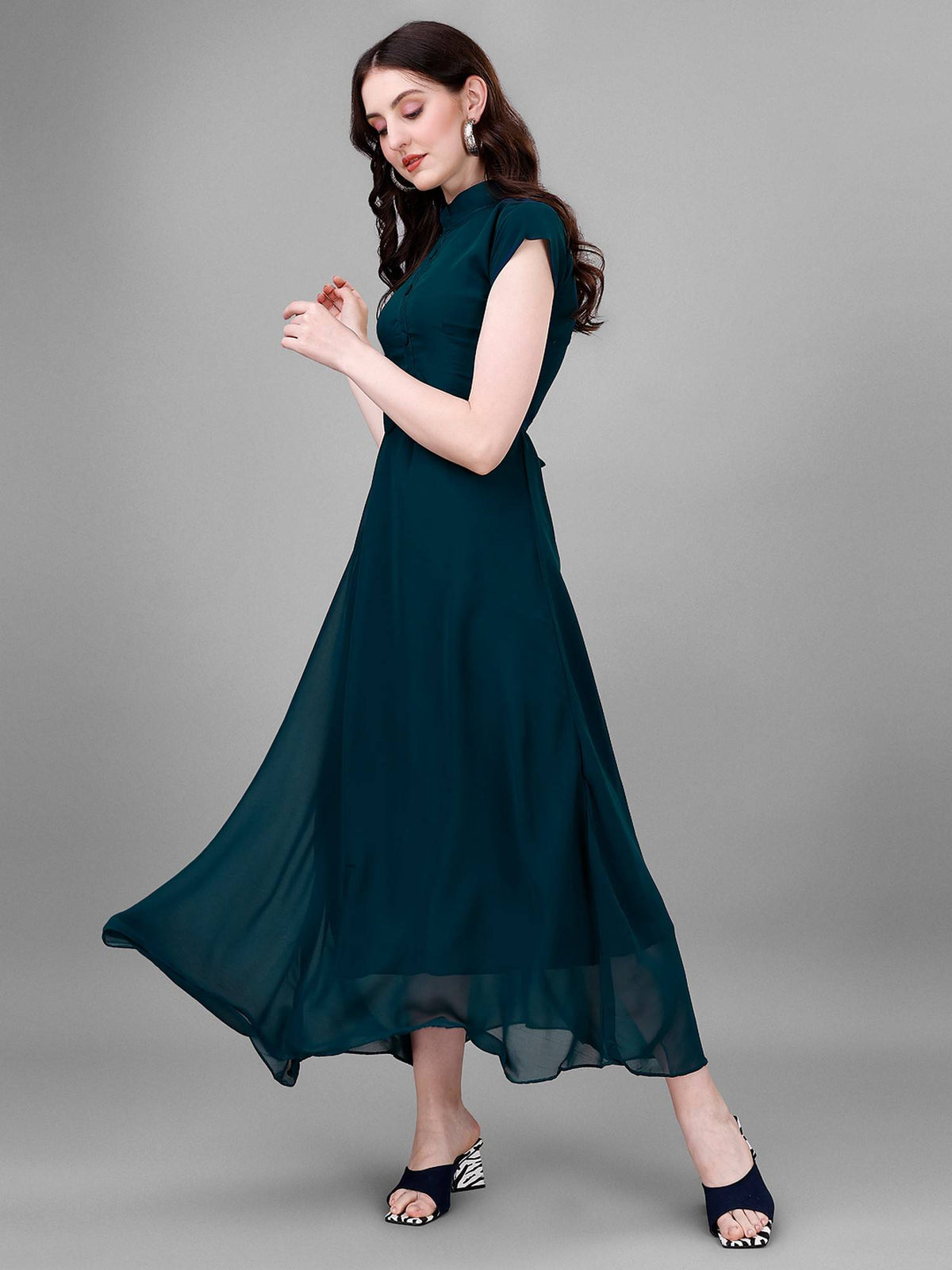 Women Teal Georgette Solid Flared Dress | D56 - view 3