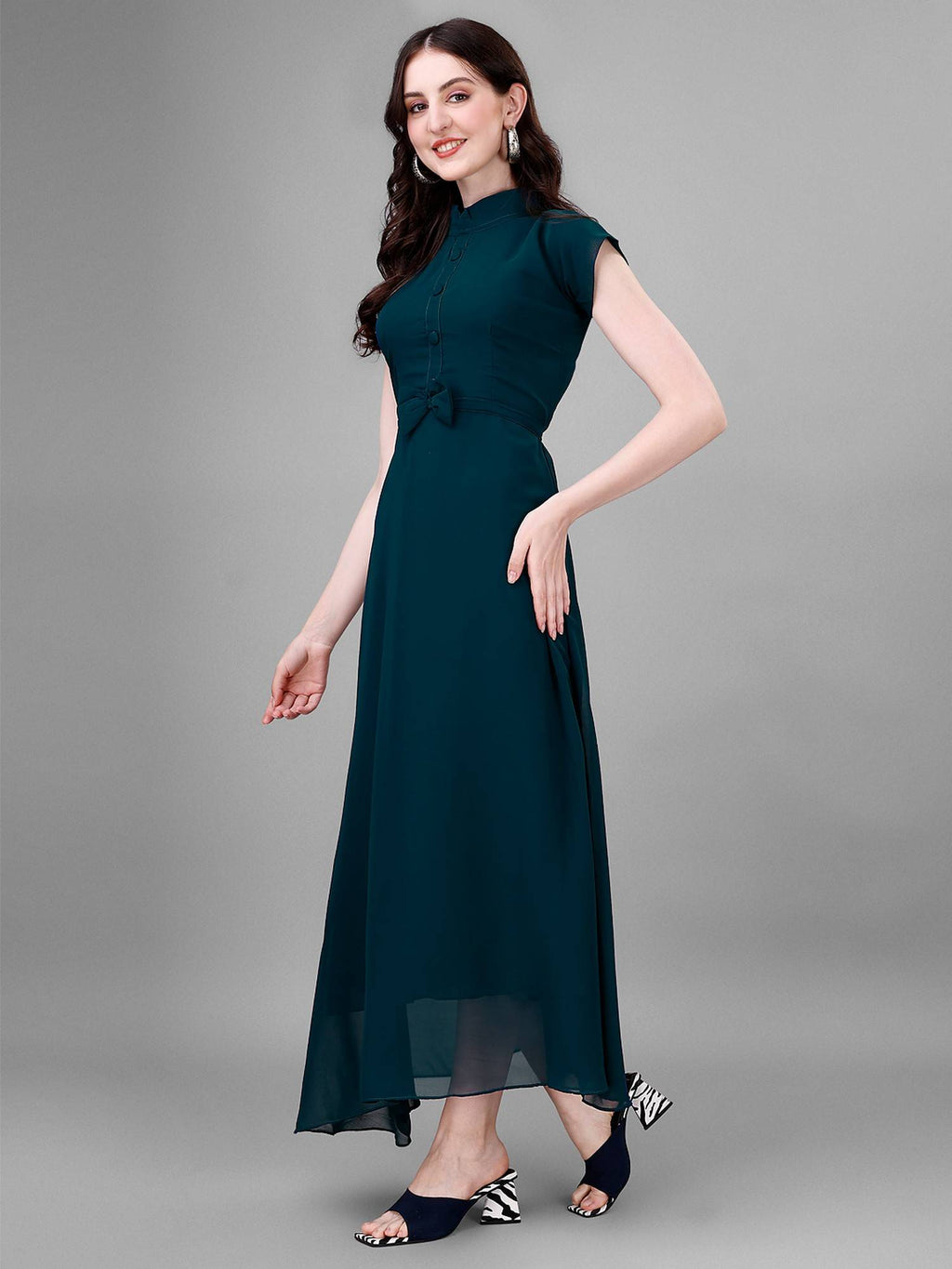 Women Teal Georgette Solid Flared Dress | D56 - view 4