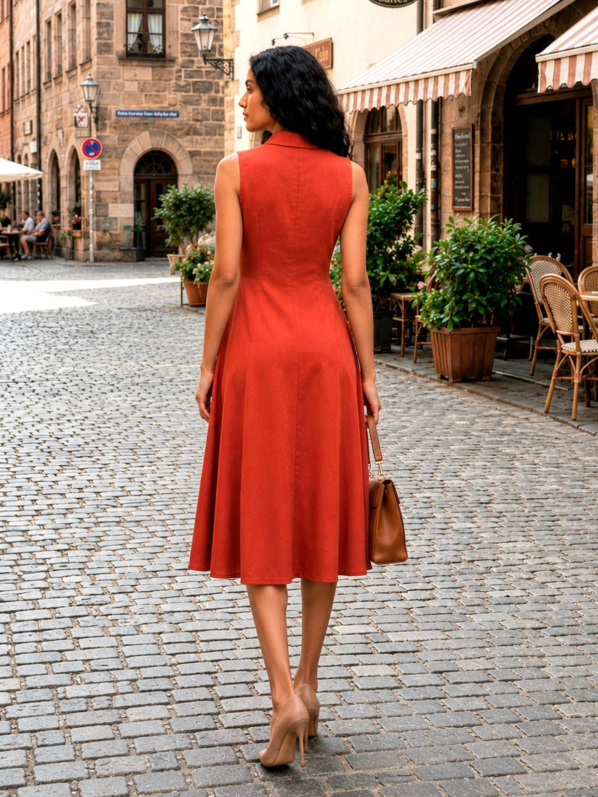 Women Rust Pure Cotton Double Breasted Dress with Belt | D56 - view 3
