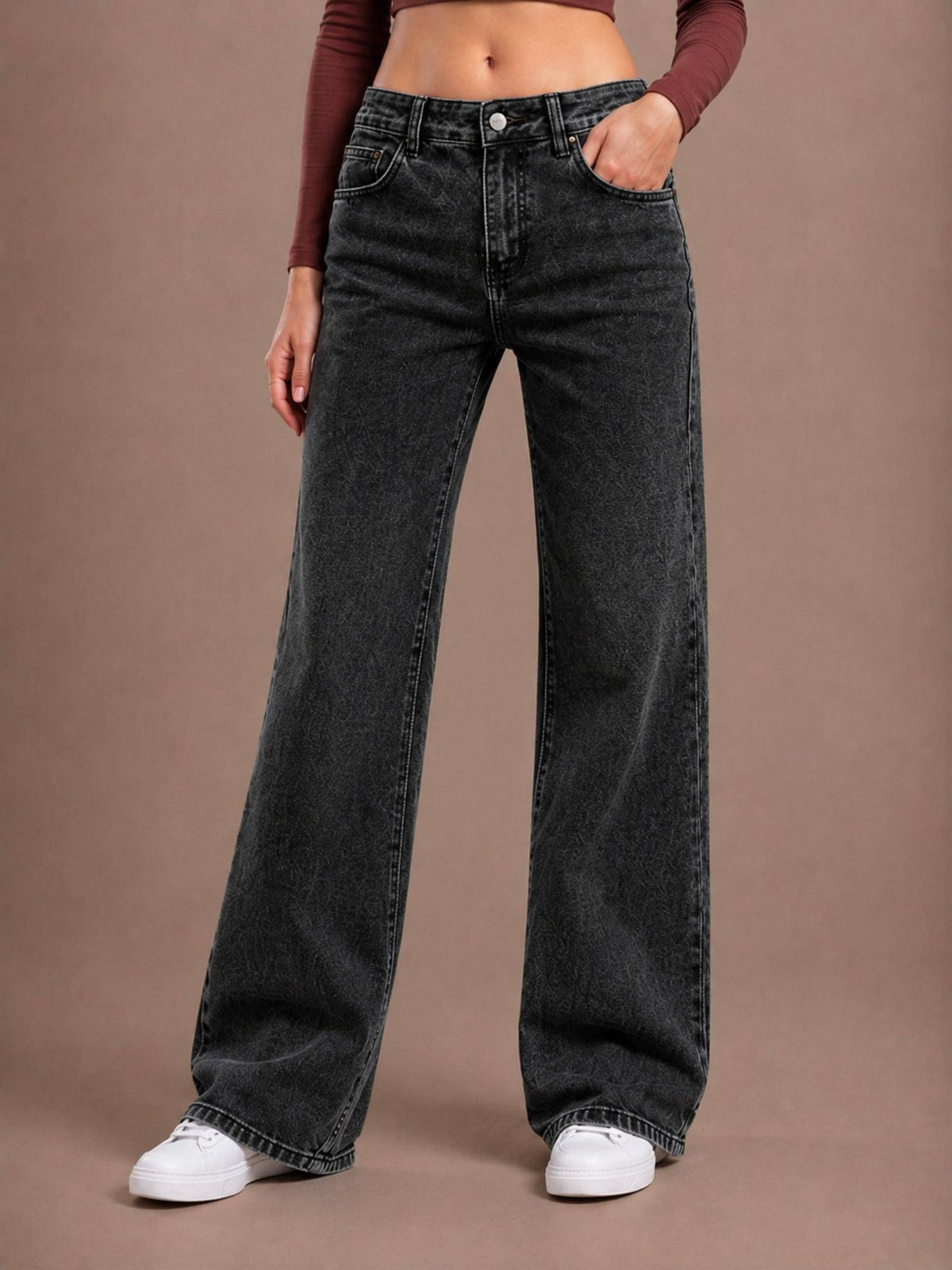 Womens Washed Black Wide Leg Streachable High Rise Jeans | WL90 - view 1