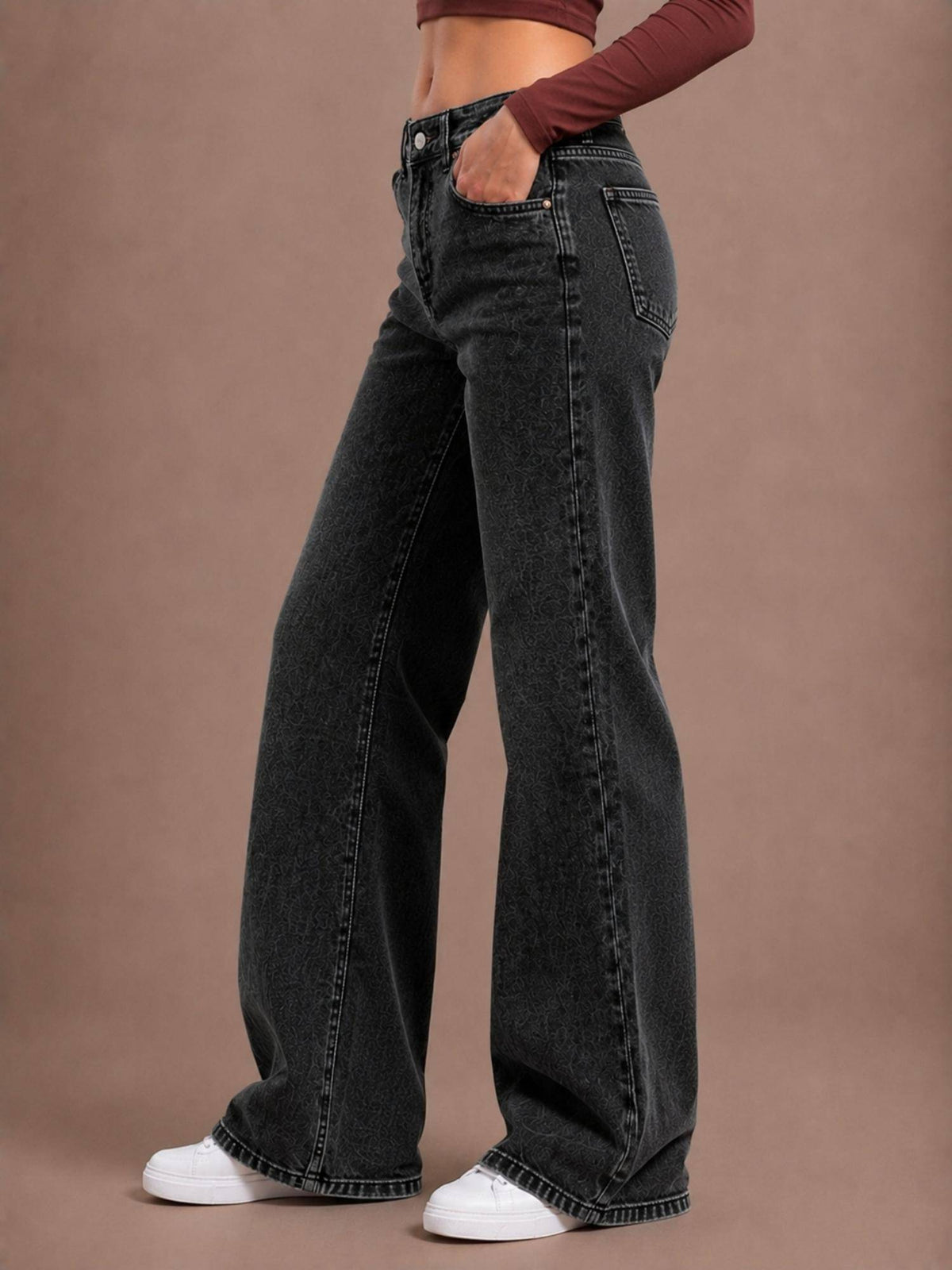 Womens Washed Black Wide Leg Streachable High Rise Jeans | WL90 - view 3