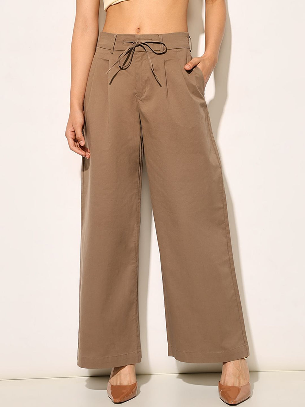 Brown High Ties Wide Leg Pants