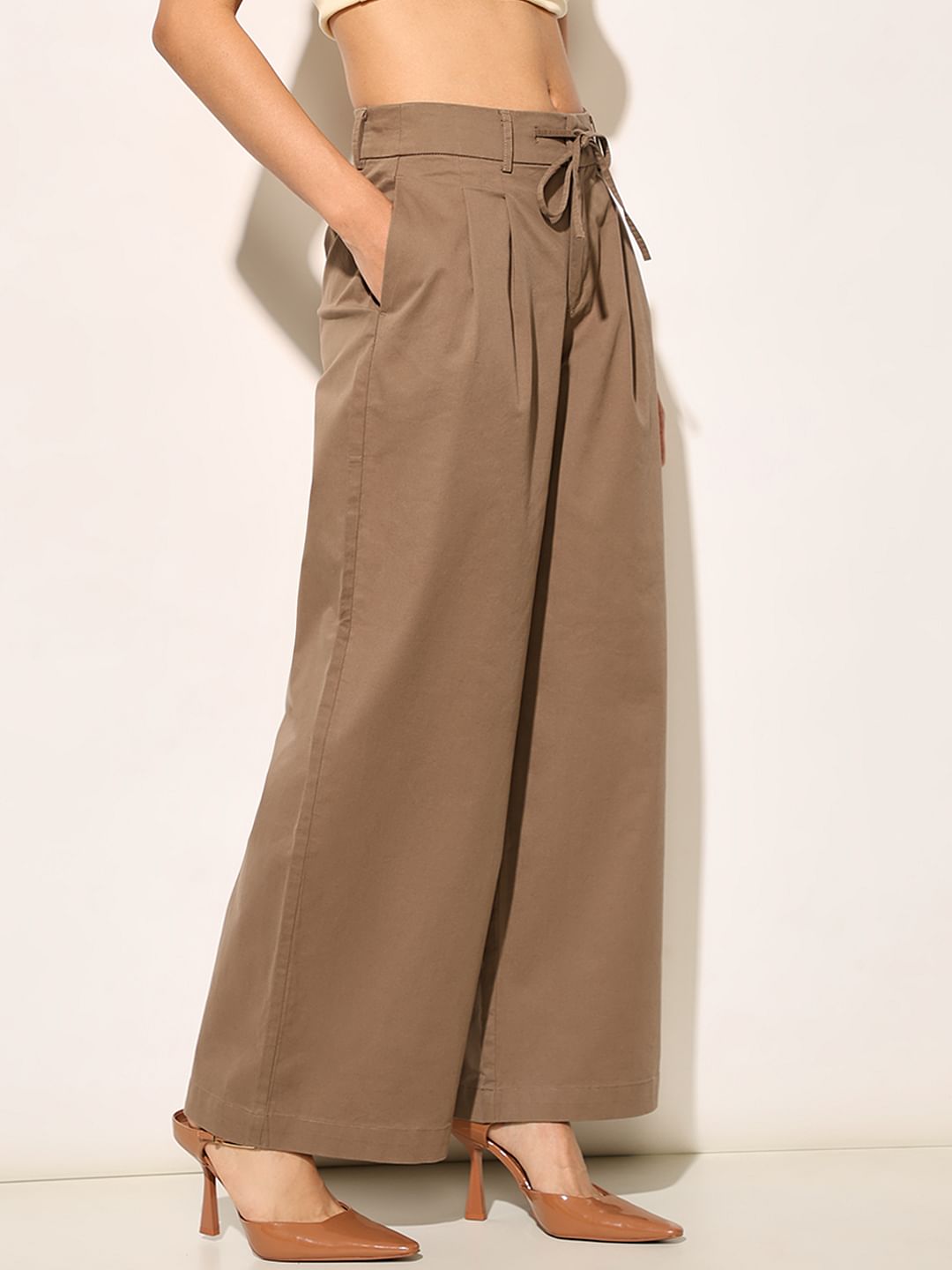Brown High Ties Wide Leg Pants