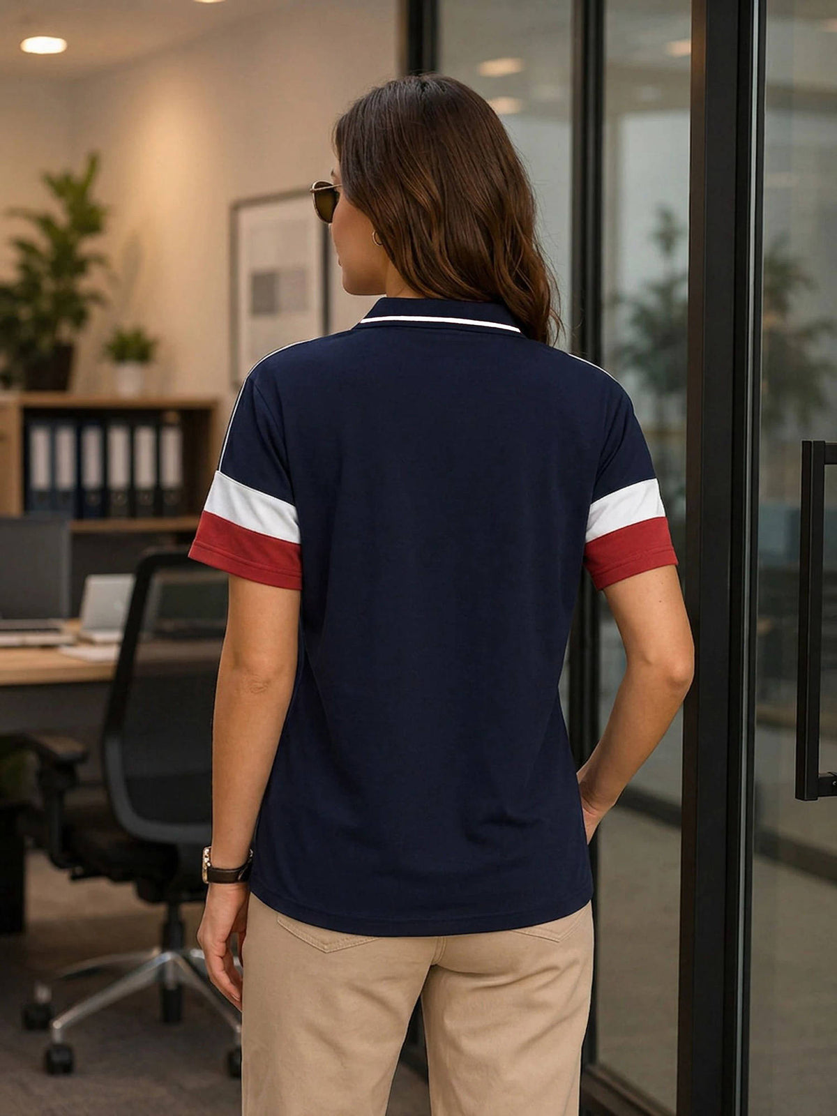 Women Navy Blue Colorblock Cotton Blend Polo T-Shirt | TS56 - view 3