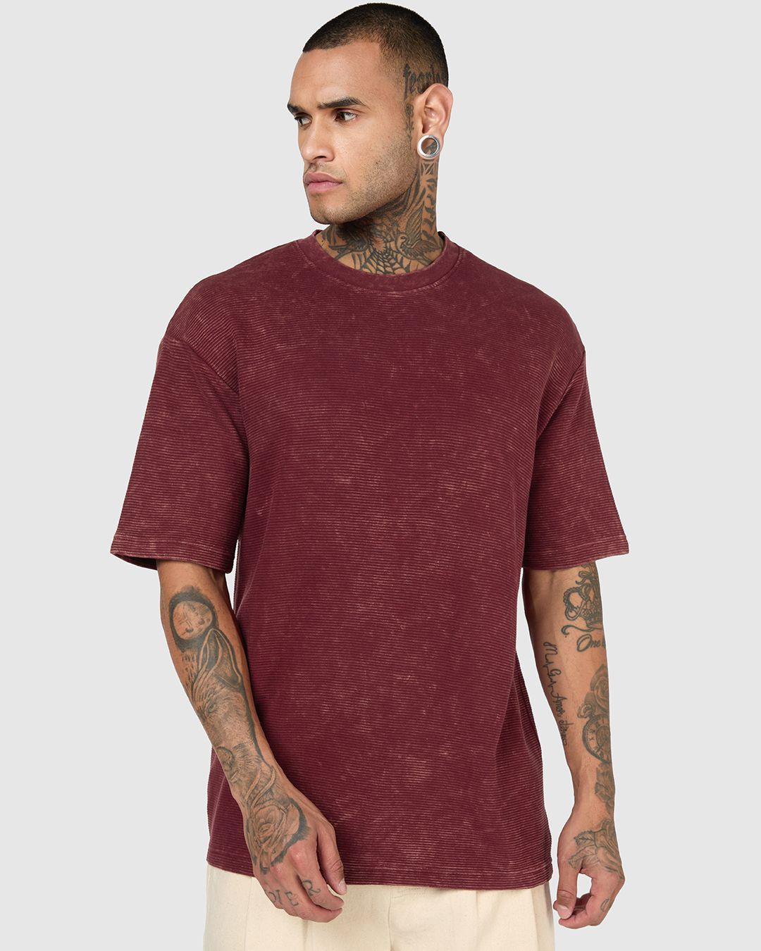 Men's Tawny Port Maroon Textured Oversized Acid Wash T-shirt Morrislane image 4