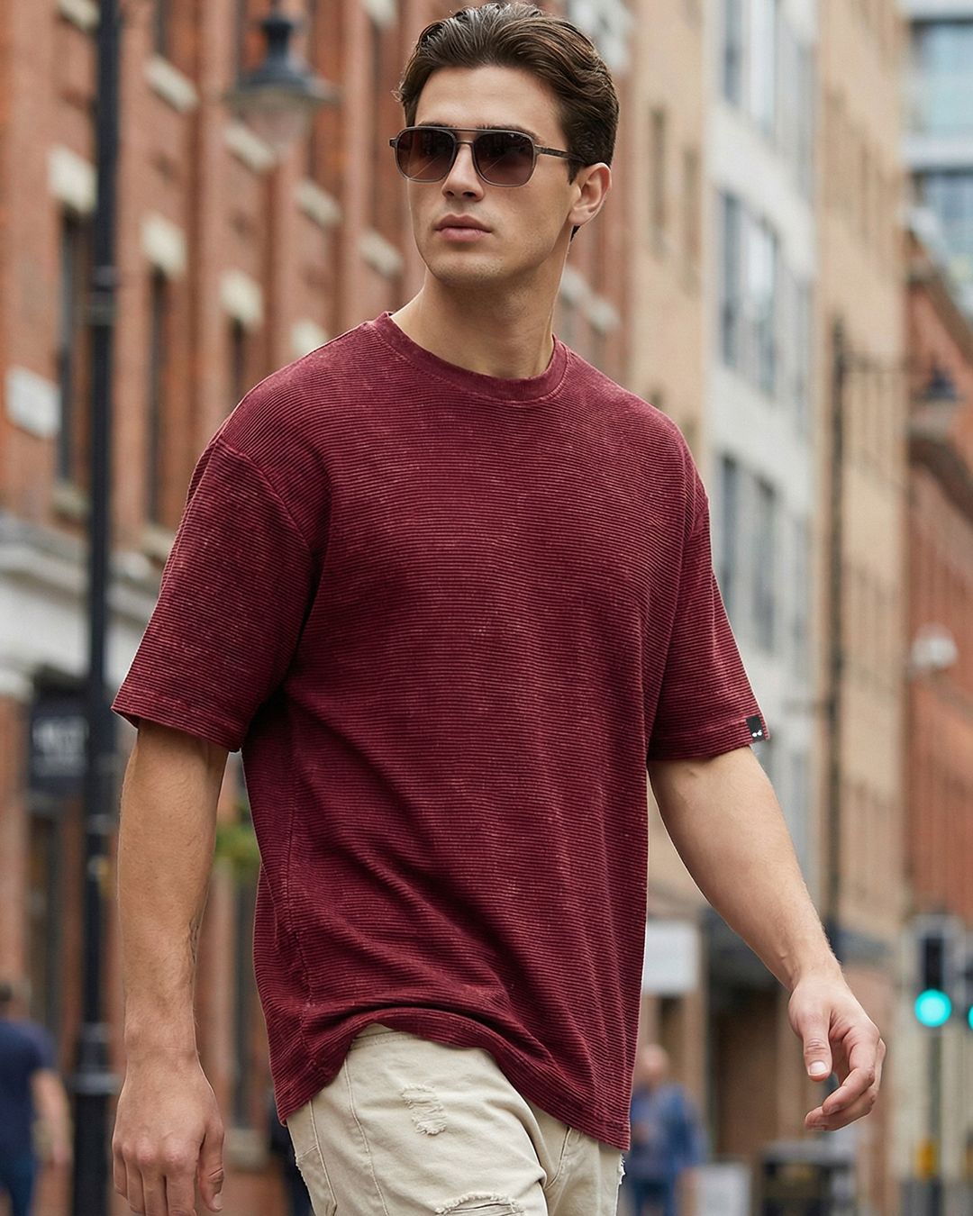 Men's Tawny Port Maroon Textured Oversized Acid Wash T-shirt Morrislane image 1
