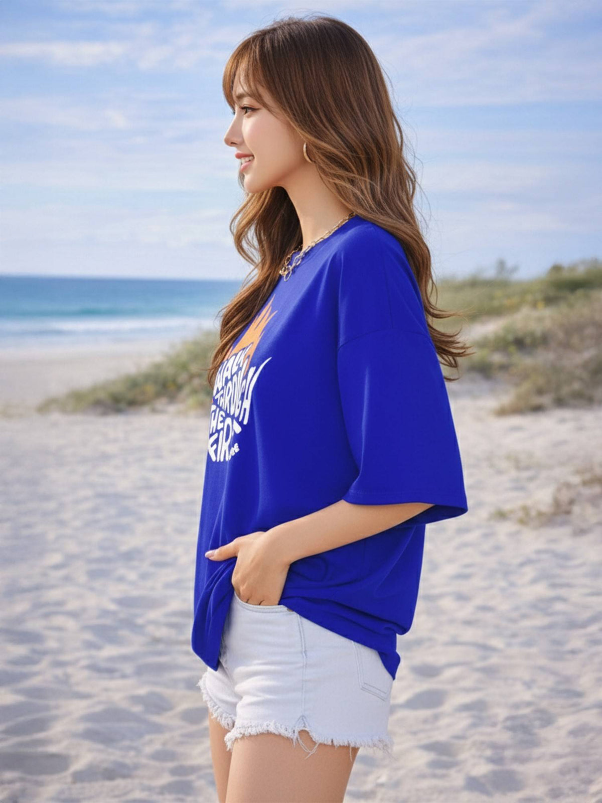 Cotton Blend Printed Oversized Crew Neck Pink T-Shirts | TS56 - view 6