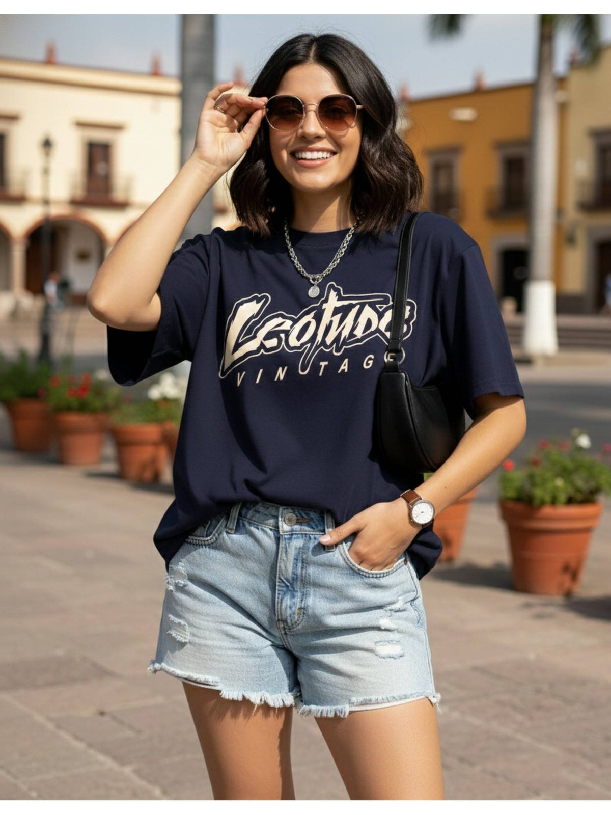 Printed Womens Round Neck Navy Blue T-Shirt | TS56 - view 45