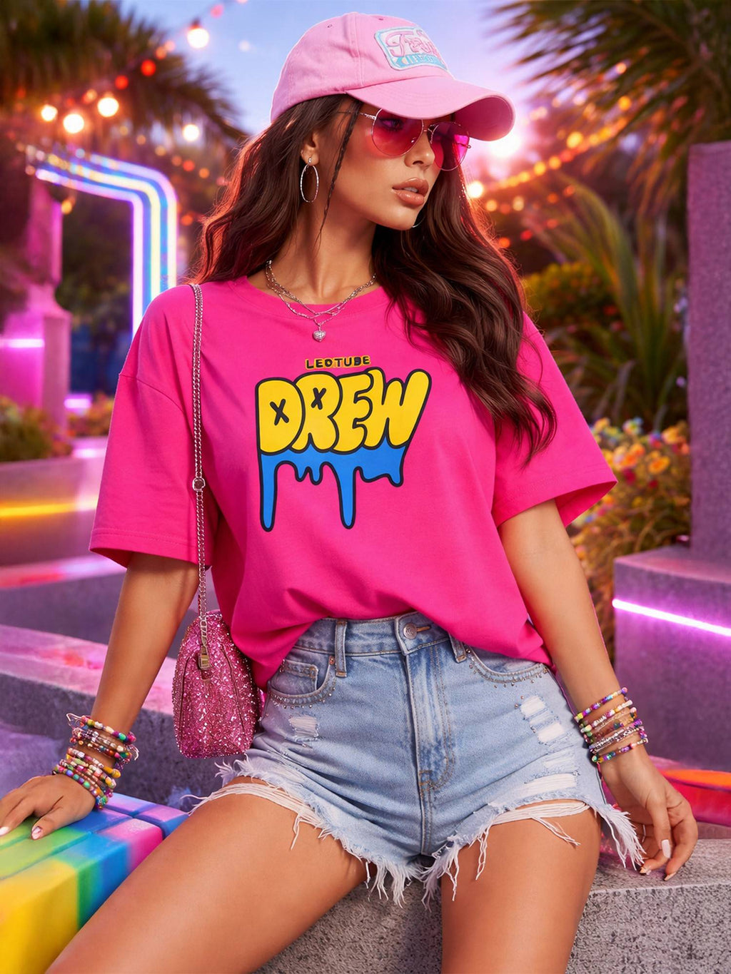 Cotton Blend Printed Oversized Crew Neck Pink T-Shirts | TS56 - view 1