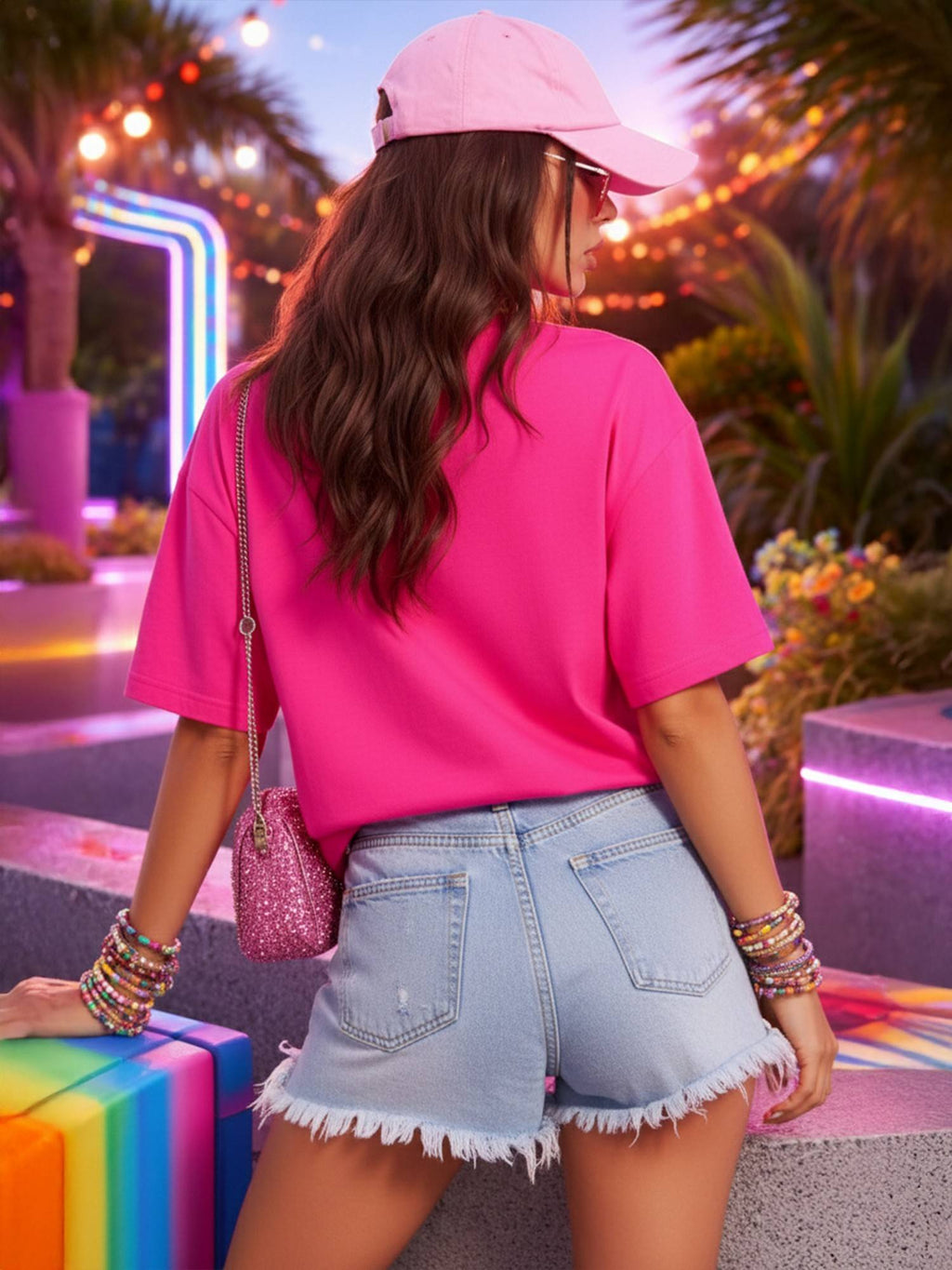 Cotton Blend Printed Oversized Crew Neck Pink T-Shirts | TS56 - view 3