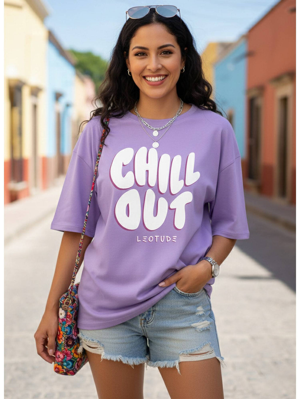 Cotton Blend Printed Oversized Crew Neck Pink T-Shirts | TS56 - view 38