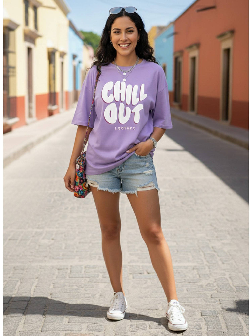 Cotton Blend Printed Oversized Crew Neck Pink T-Shirts | TS56 - view 41