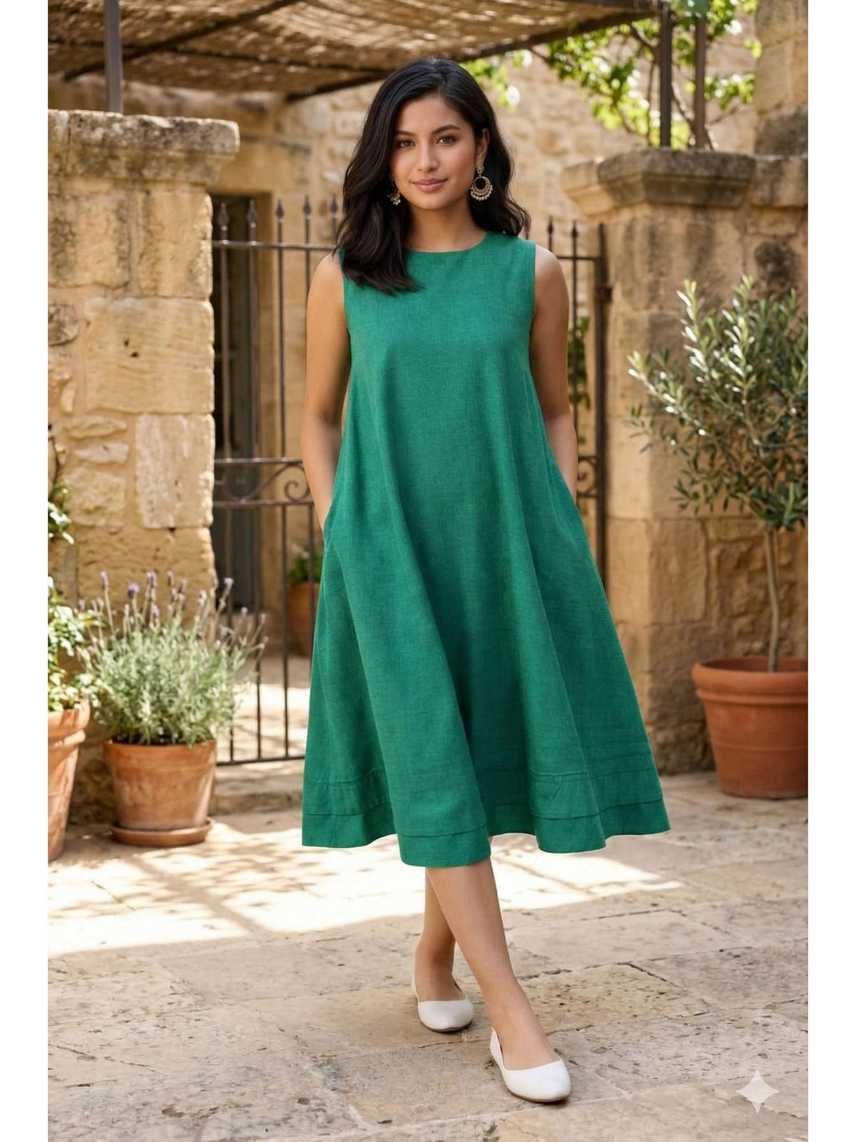 Women Green Linen Smart Casual A-Line Dress | D56 - view 1