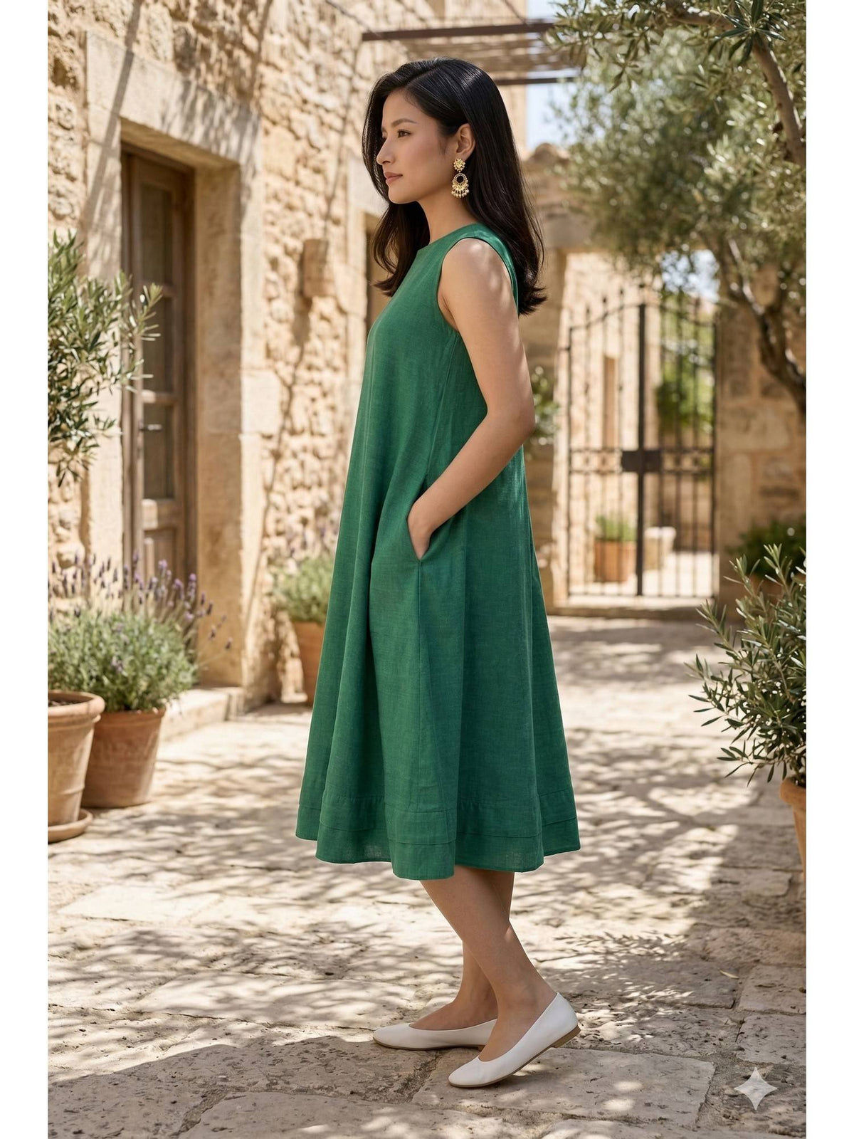 Women Green Linen Smart Casual A-Line Dress | D56 - view 2