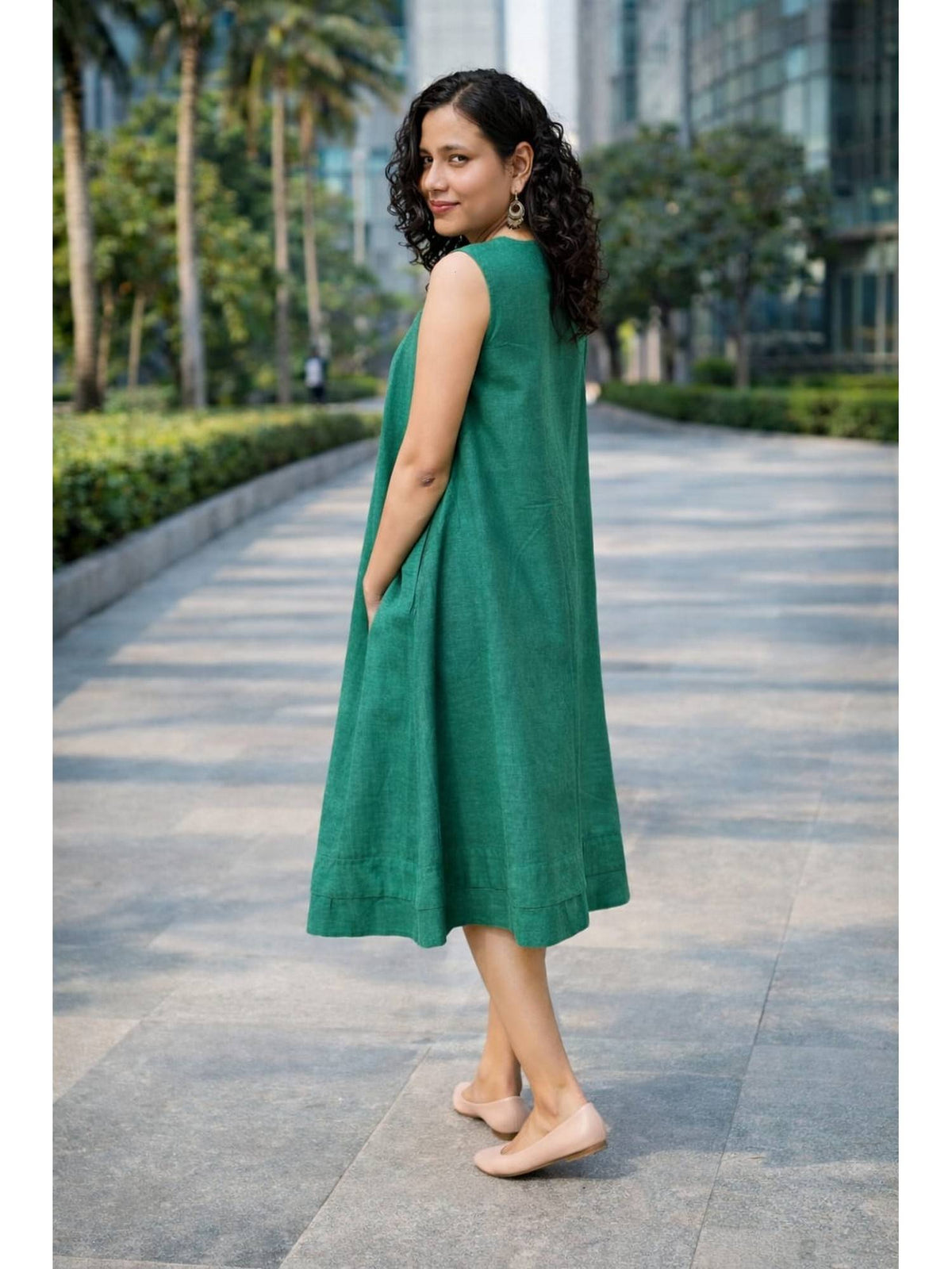 Women Green Linen Smart Casual A-Line Dress | D56 - view 3