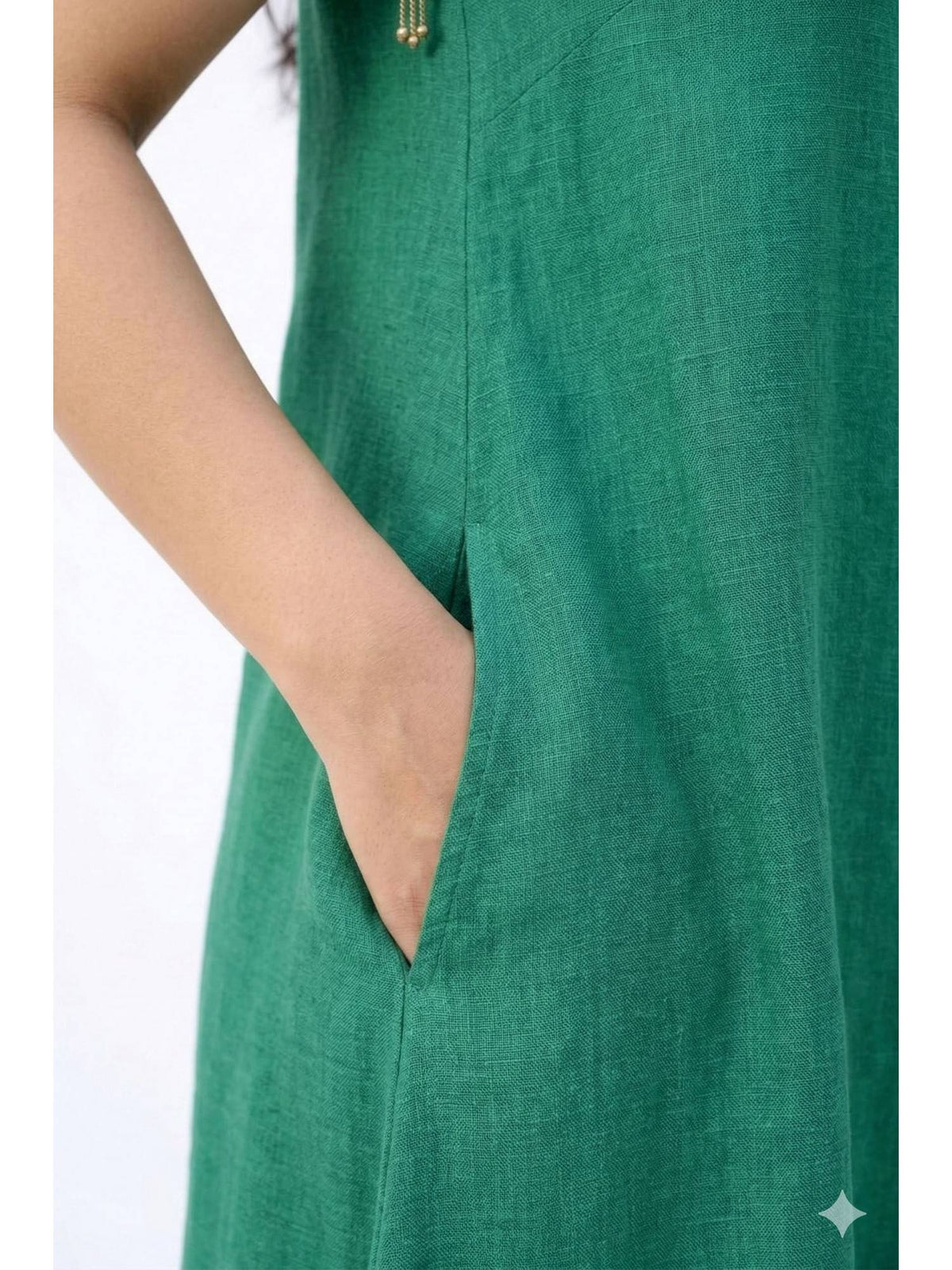 Women Green Linen Smart Casual A-Line Dress | D56 - view 4