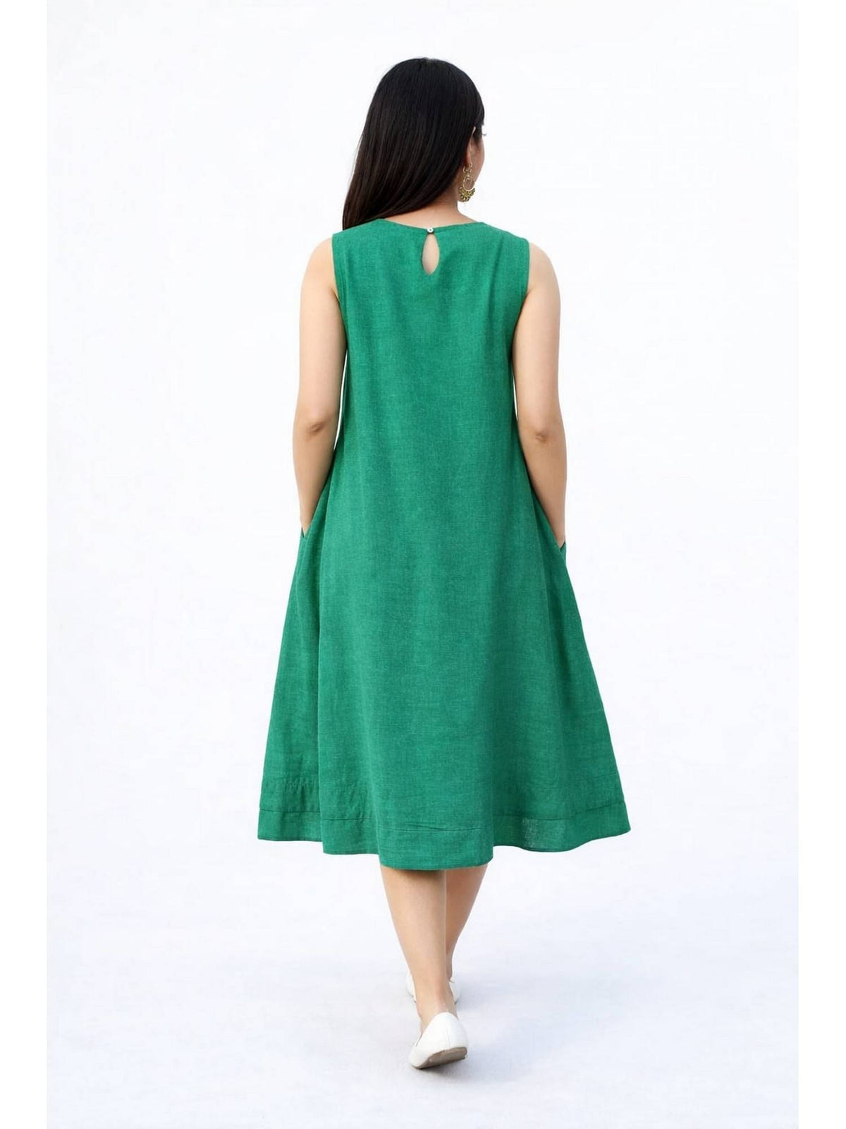 Women Green Linen Smart Casual A-Line Dress | D56 - view 5