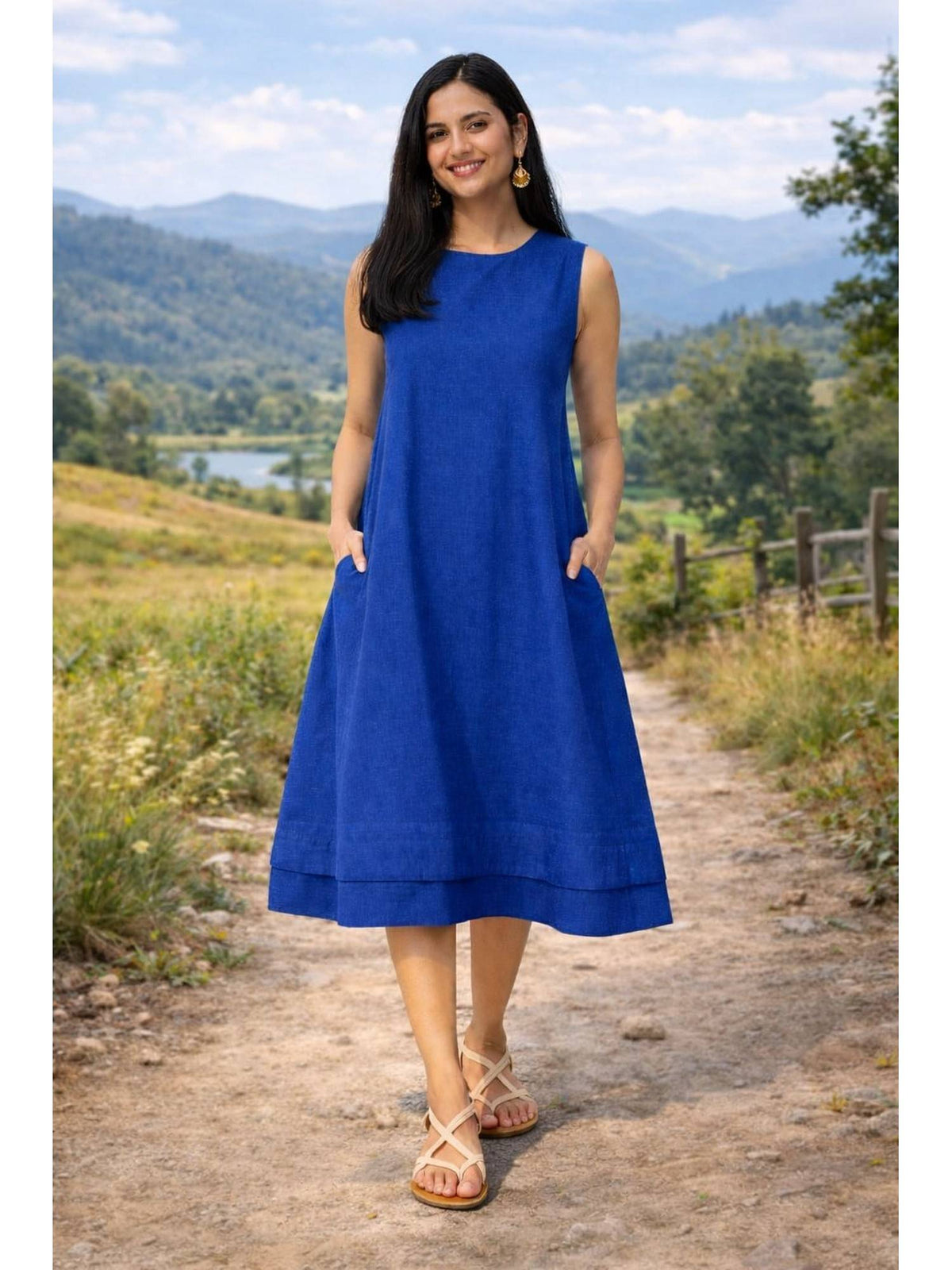 Women Green Linen Smart Casual A-Line Dress | D56 - view 6