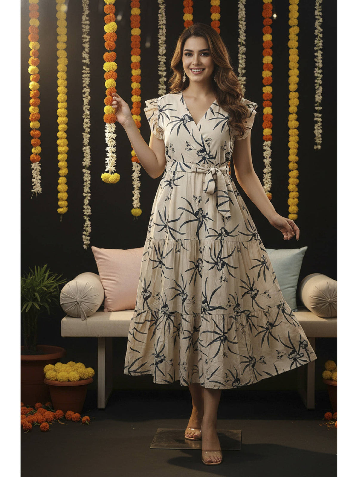 Floral Print Flutter Sleeve Midi Dress with Belt | D56 - view 1