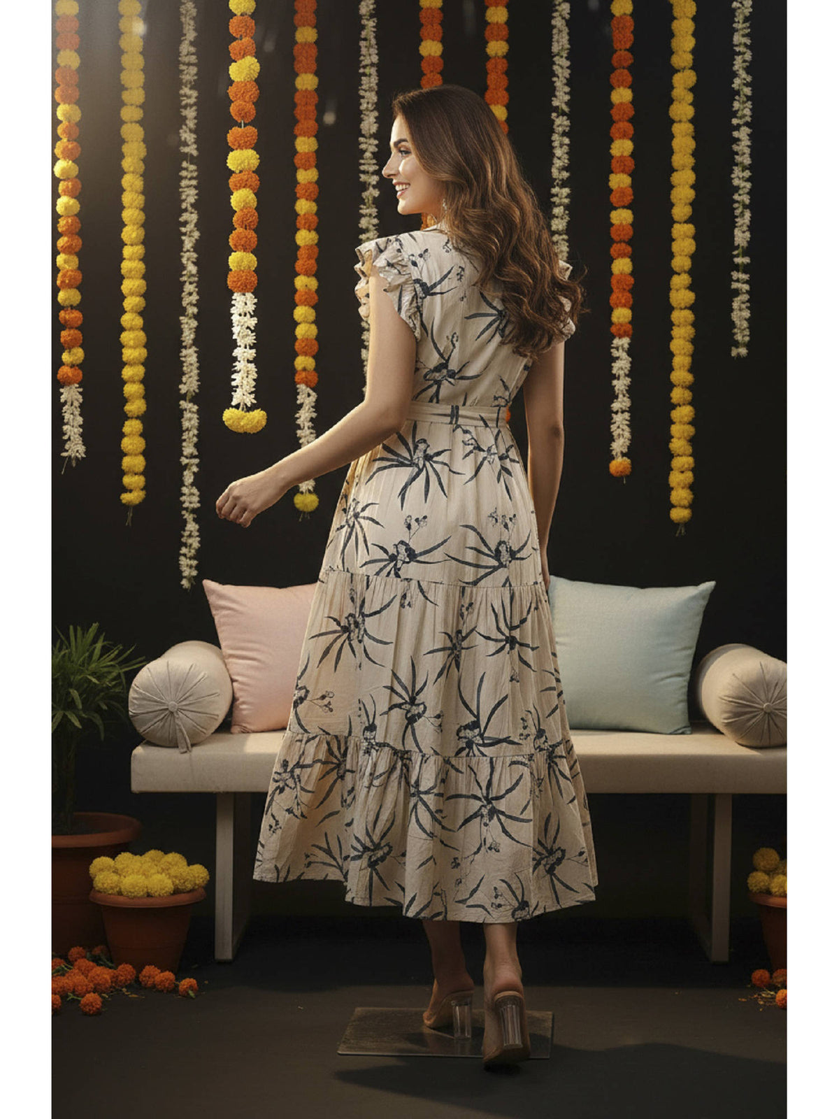 Floral Print Flutter Sleeve Midi Dress with Belt | D56 - view 2
