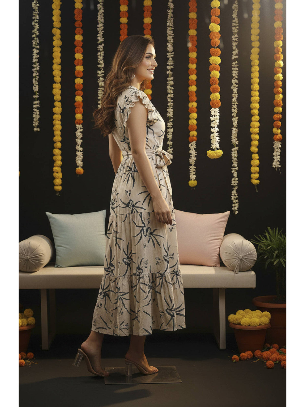Floral Print Flutter Sleeve Midi Dress with Belt | D56 - view 3