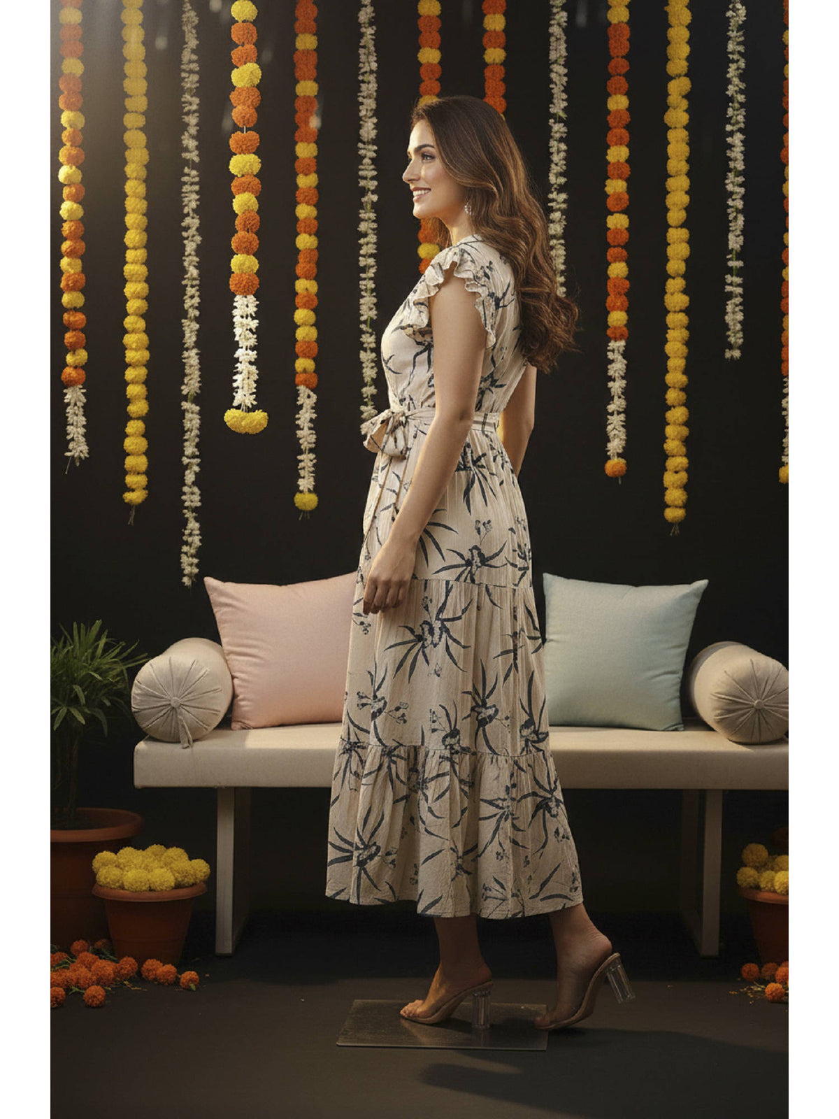 Floral Print Flutter Sleeve Midi Dress with Belt | D56 - view 4