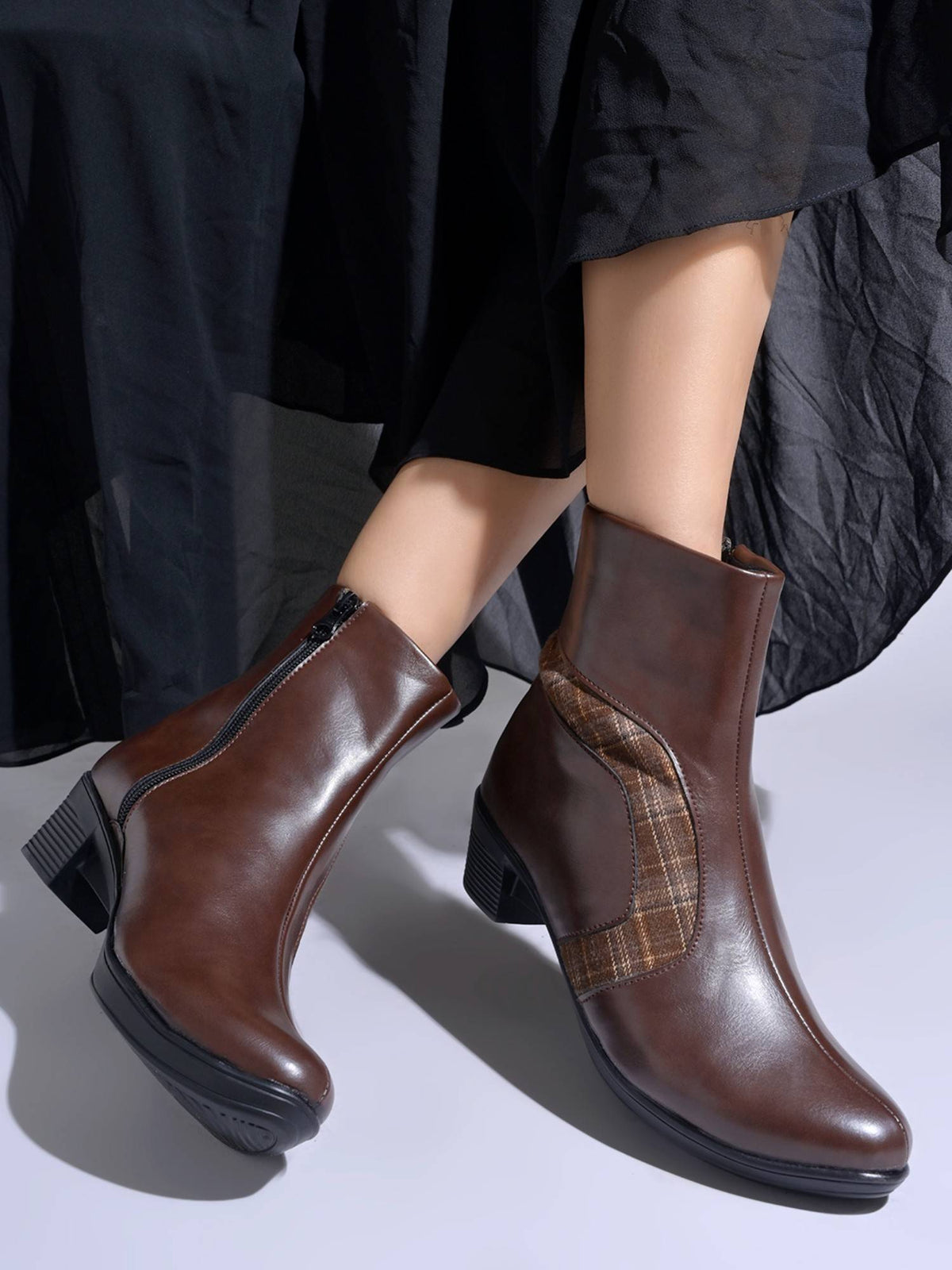 Women Brown Plaid Accent Casual Boots | BT61 - view 1