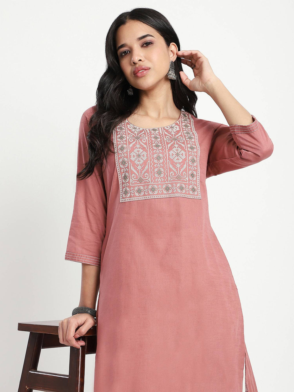 Pink Embroidered Straight Kurta | KDG - view 2