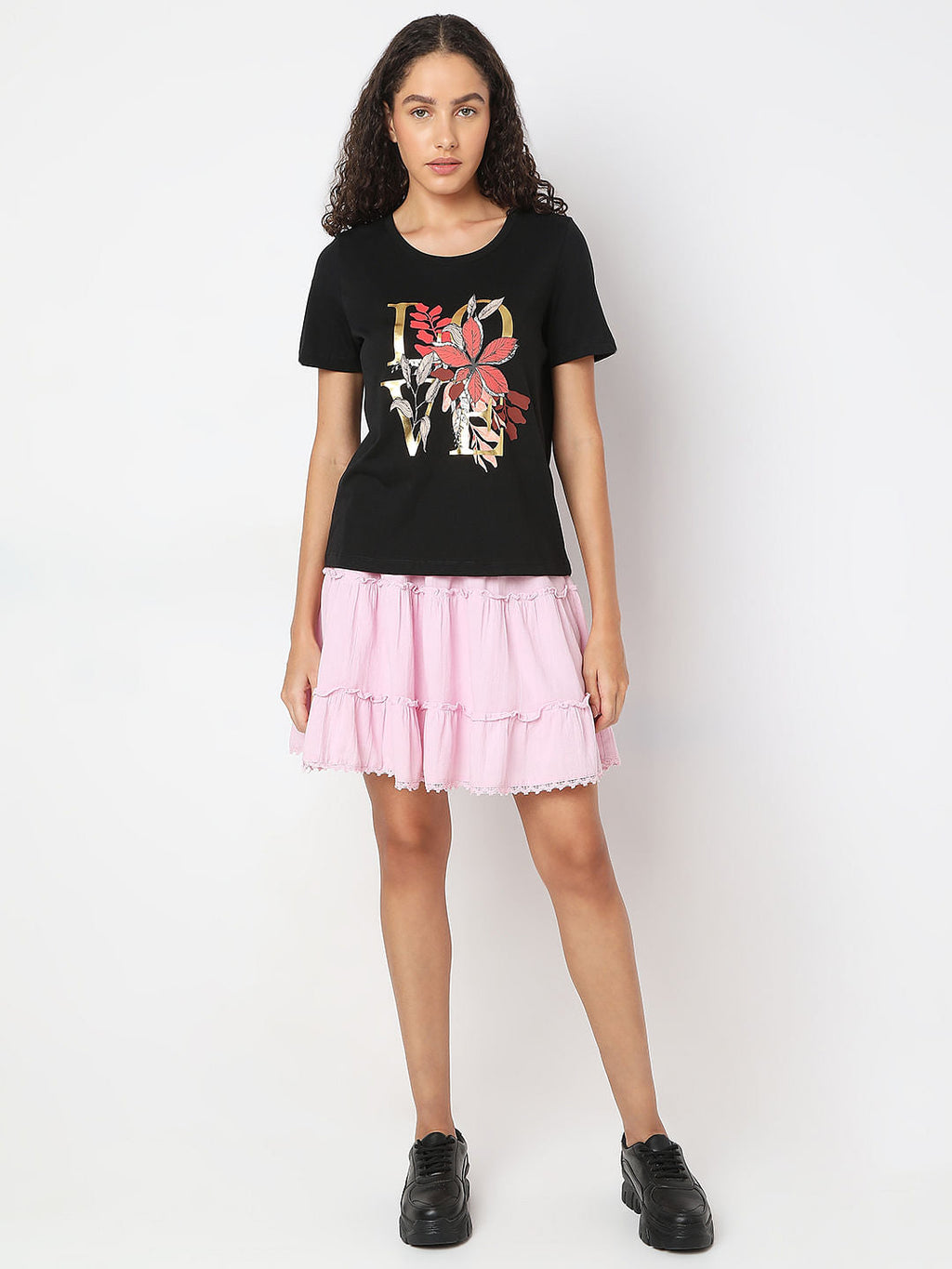 Black Round Neck Printed T-Shirt