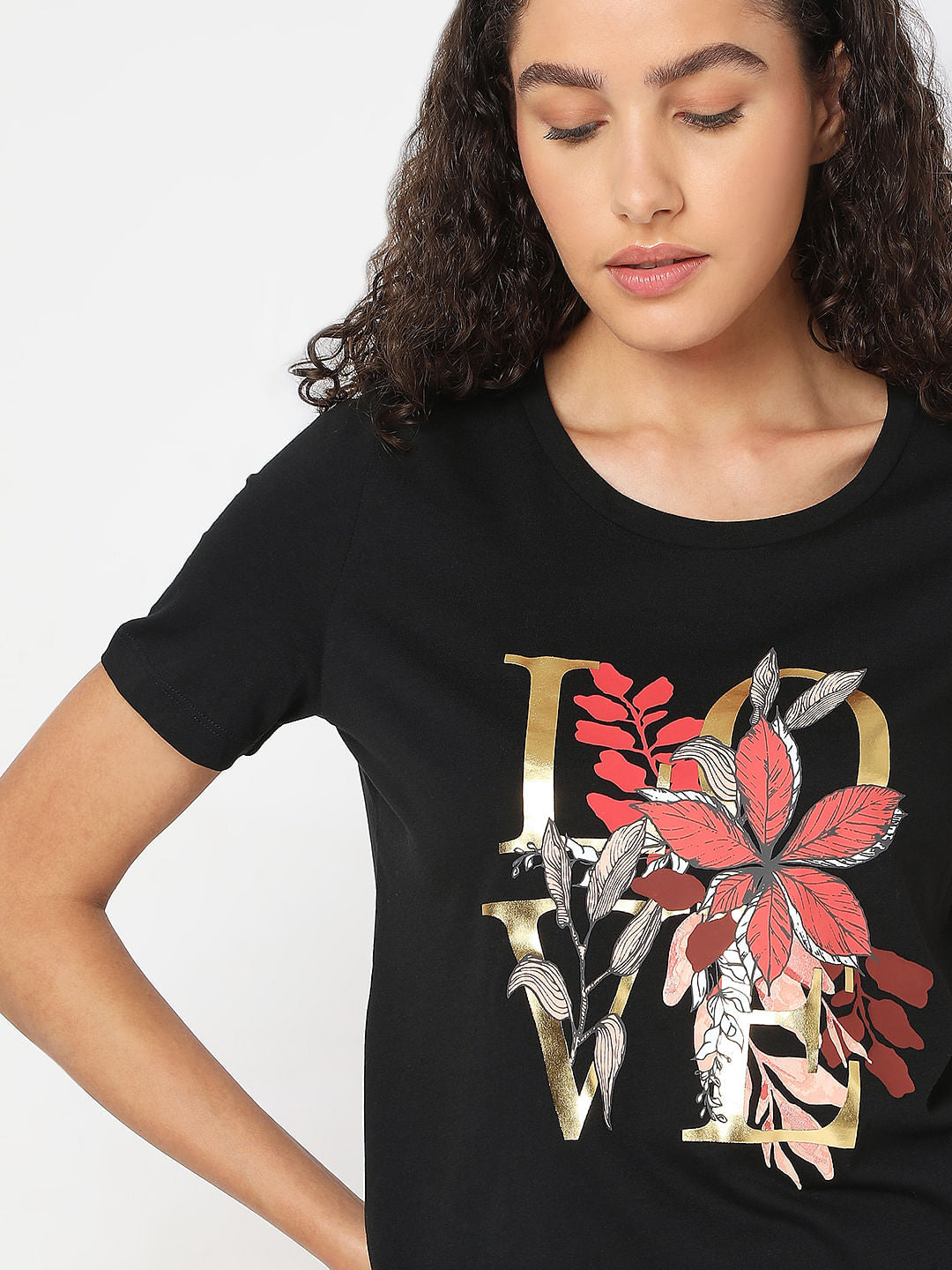 Black Round Neck Printed T-Shirt