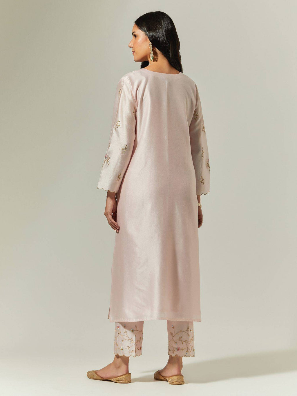 Light Pink Silk Chanderi Hand Embroidered Kurta With Plackett | FY93 - view 2