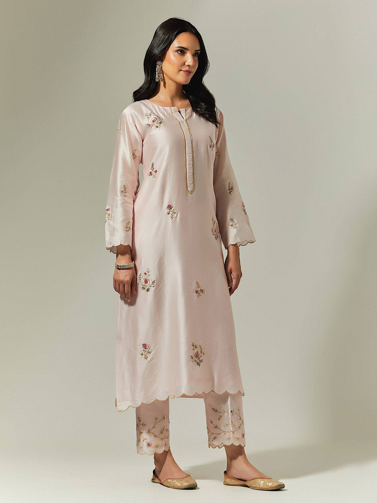 Light Pink Silk Chanderi Hand Embroidered Kurta With Plackett | KDG - view 4