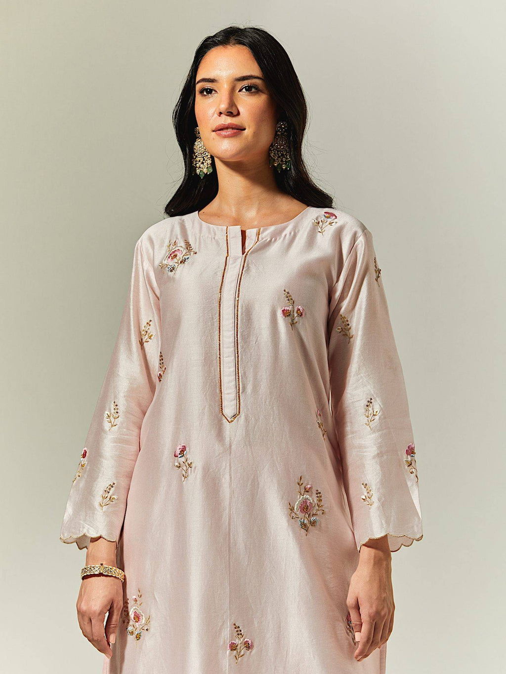 Light Pink Silk Chanderi Hand Embroidered Kurta With Plackett | KDG - view 5